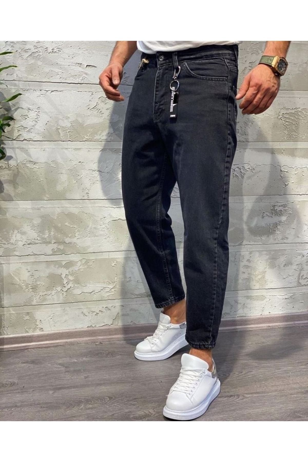 Oliggopol Erkek Siyah Boyfriend Jeans Kot Pantolon