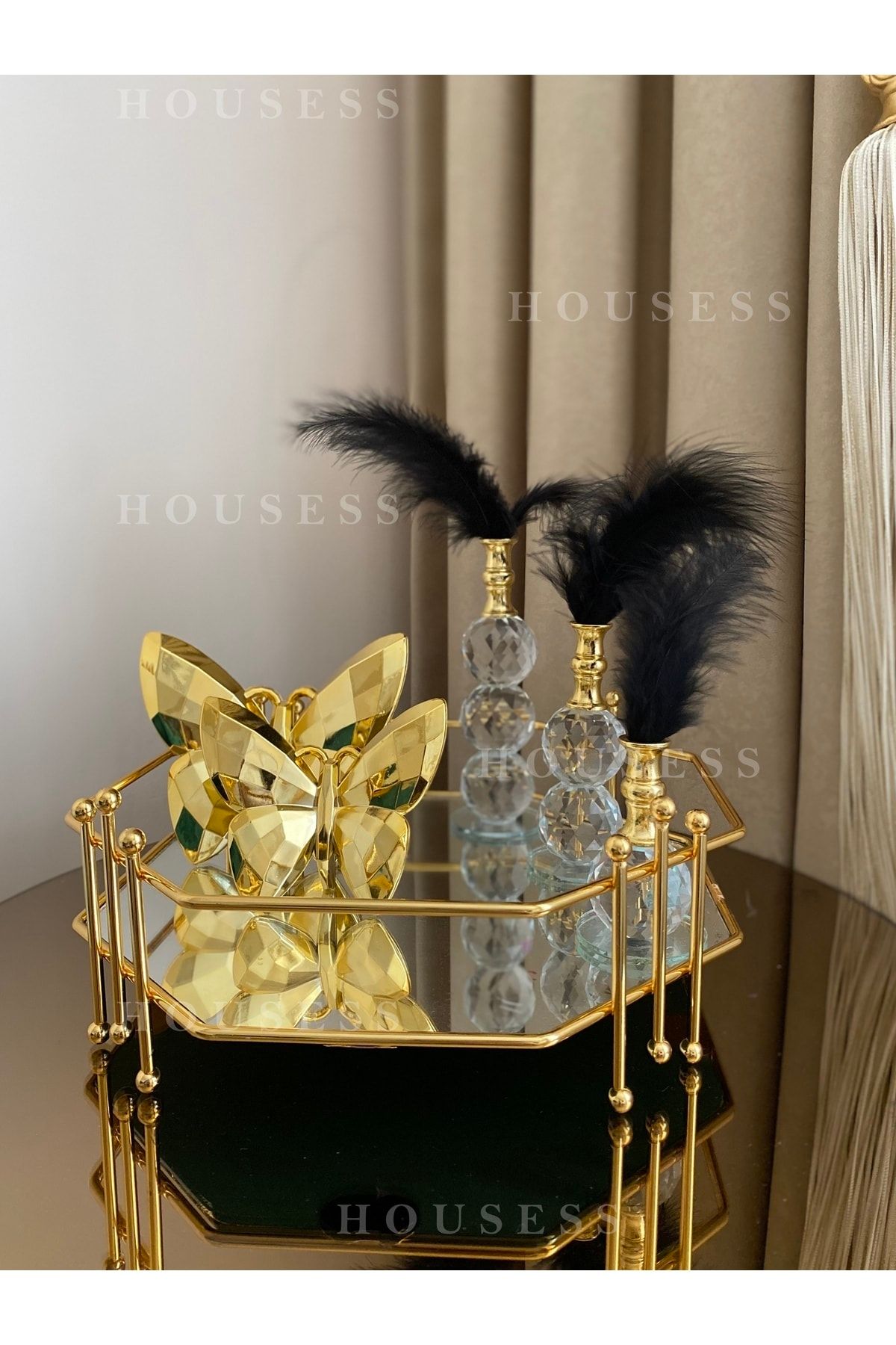 Housess Aynalı Bal Peteği Misketli Gold Dekoratif Tepsi Ve 3'lü Tüylük Ve 2'li Kelebek