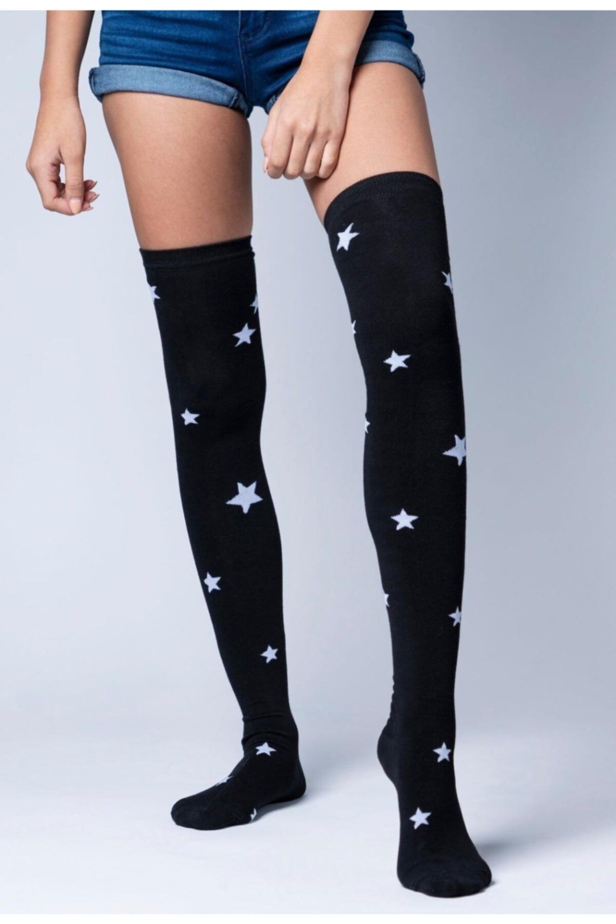 lovebox Kadın Siyah Yıldız Detaylı Pamuklu Dizüstü Çorap