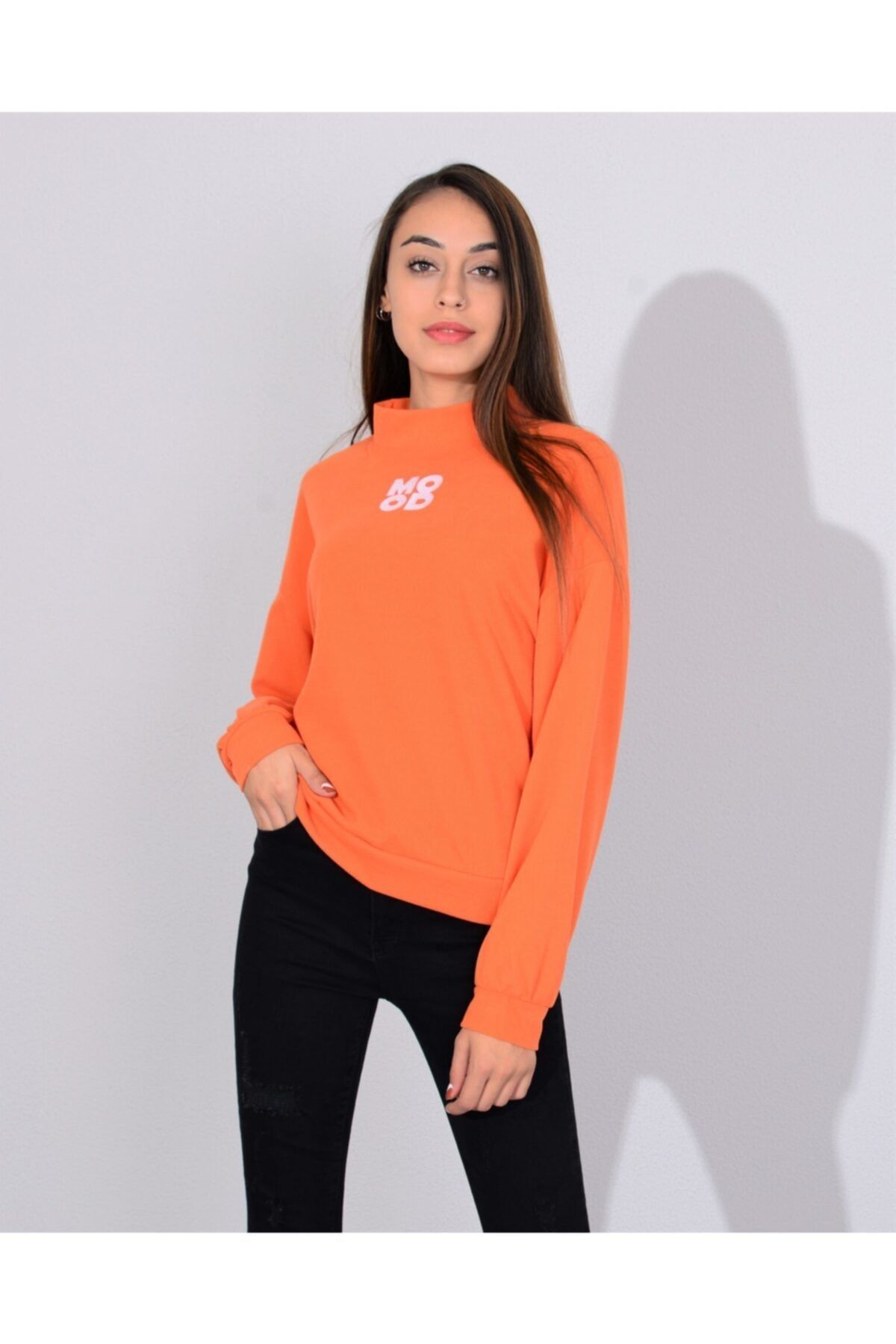 vayro Kadın Turuncu Dik Yaka Mood Yazılı Sweatshirt