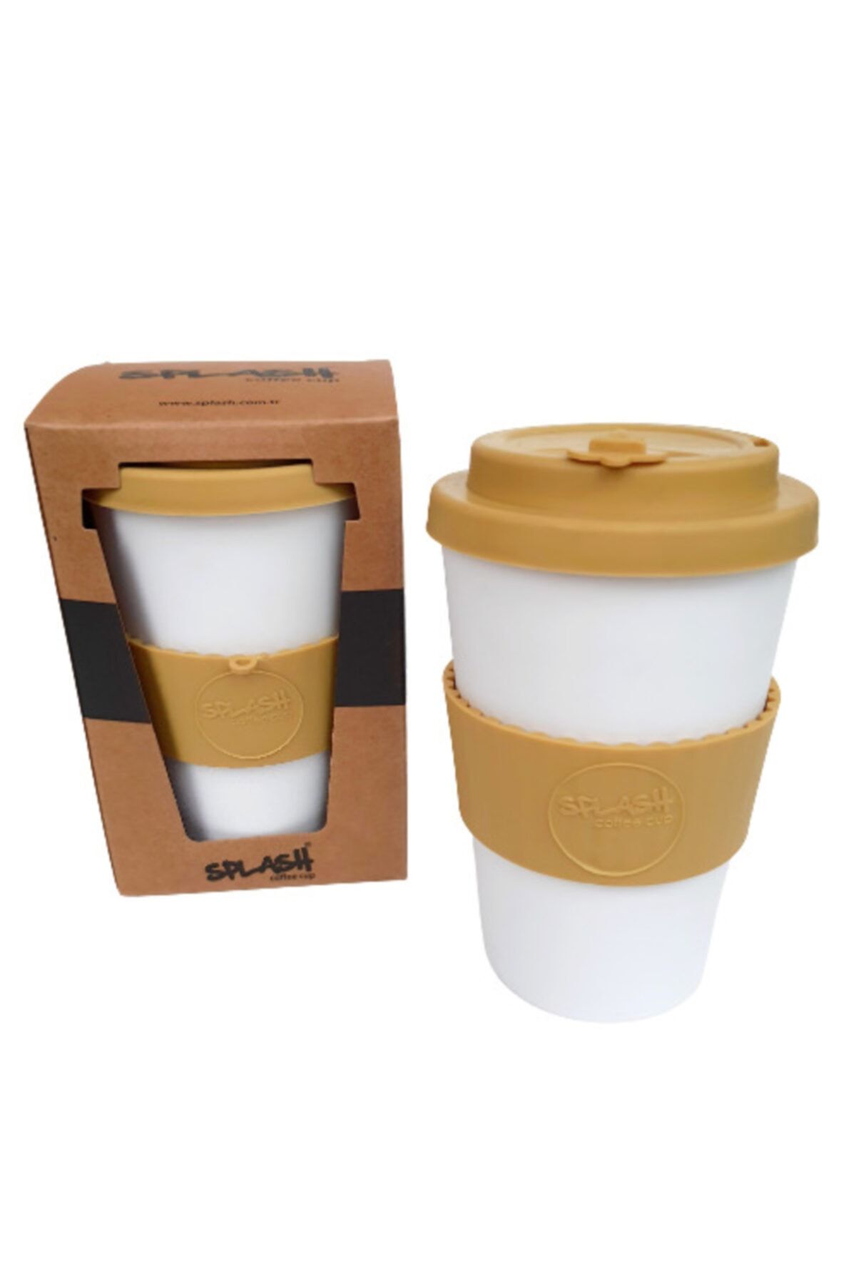 splash Coffee Cup Silikon Kapaklı Kahve Bardağı Karamel Beyaz 350 cc