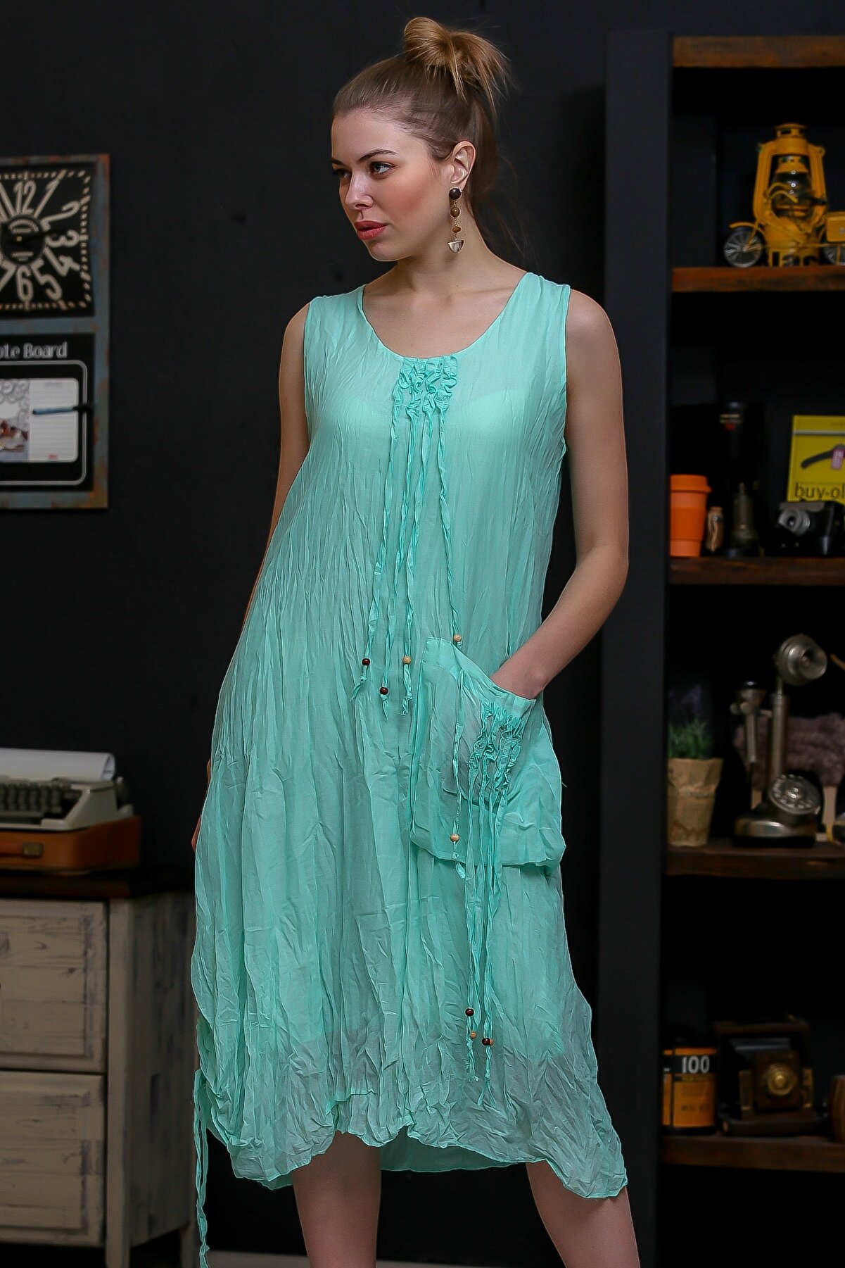 Chiccy Kadın Mint Ahşap Boncuklu Biye Detaylı Dev Cepli Salaş Astarlı Dokuma Elbise M10160000EL95751