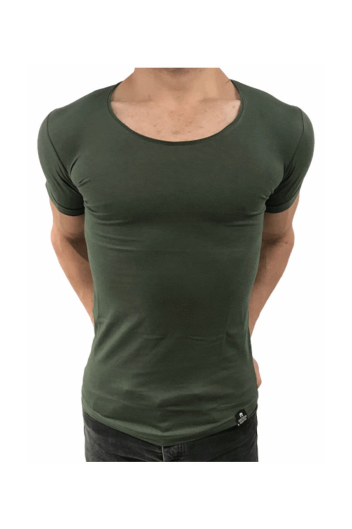 BYBÜLENT Erkek Oval Yaka Tişört Açık Yaka Likralı Slim Fit T-shirt Haki Vr111