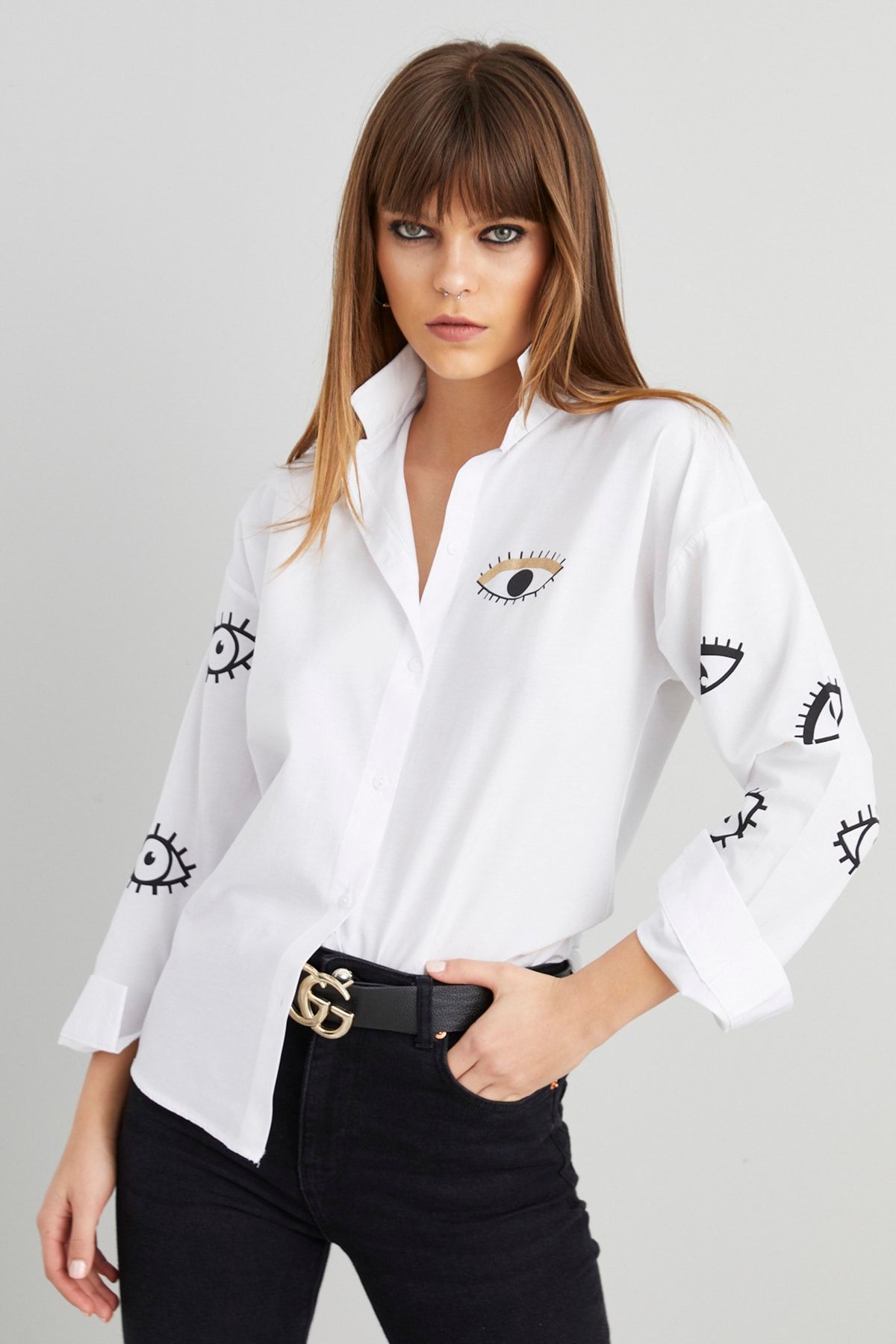 Cool & Sexy Kadın Beyaz Baskılı Gömlek PP2861