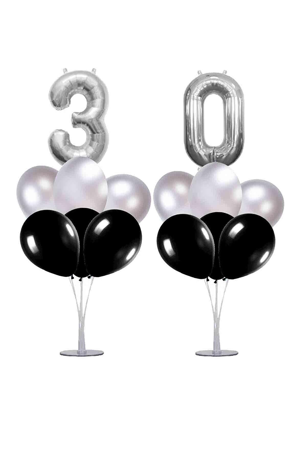 partisüs 30 Yaş Siyah-gümüş Balon Standlı Doğum Günü Balon Süsleme Seti 24 Parça