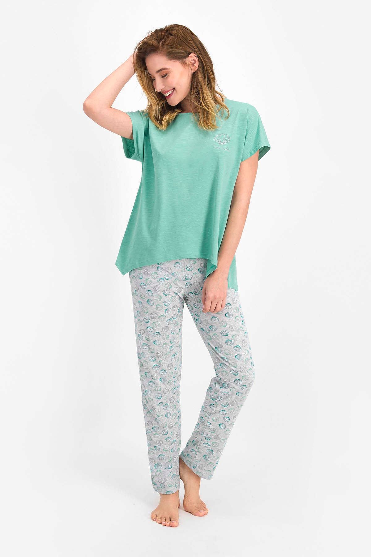 Pierre Cardin Kadın Mat Yeşil Asimetrik Kısa Kol Pijama Takımı