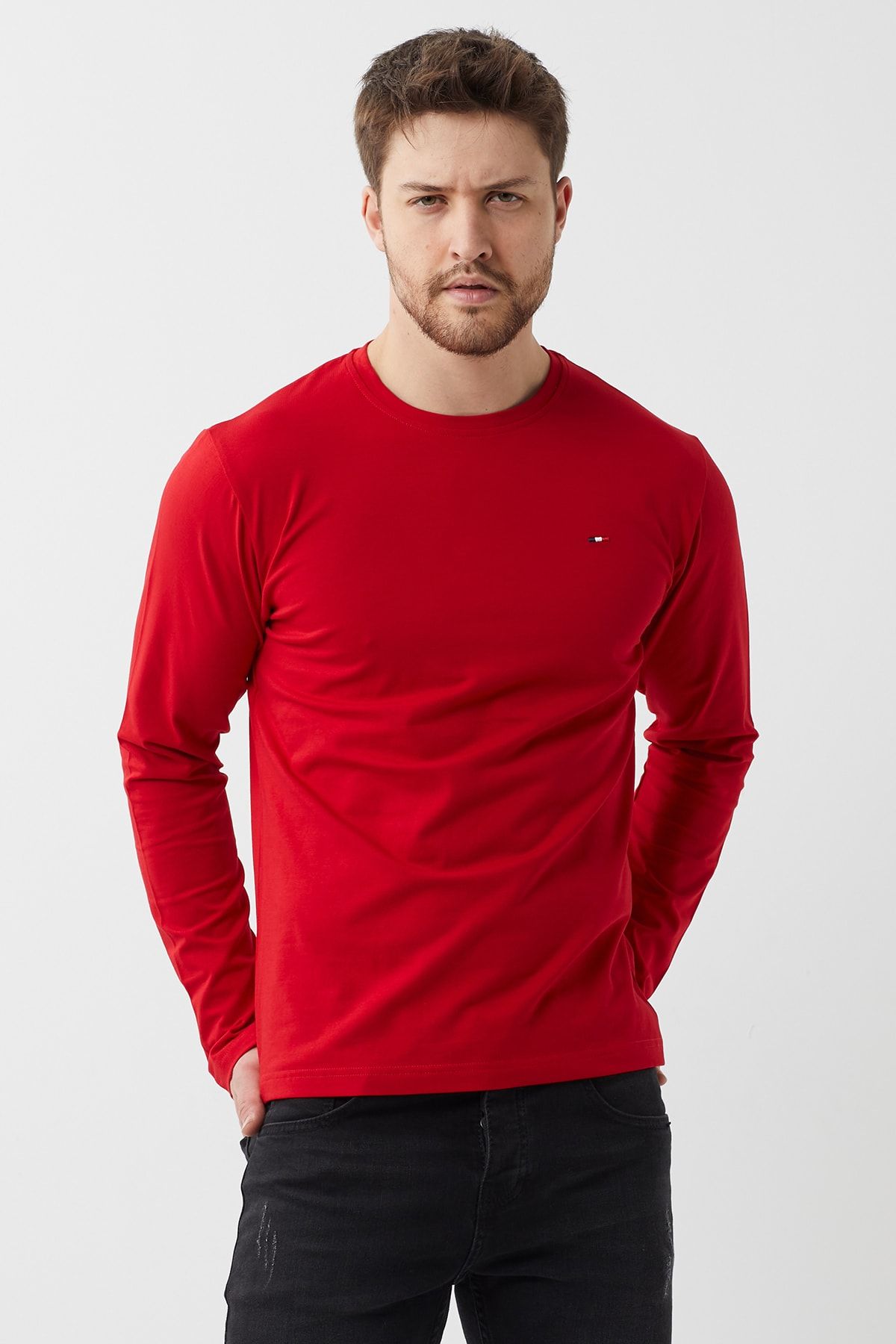 COMEOR Man Kırmızı Bisiklet Yaka Erkek Düz Basic Ince Sweatshirt