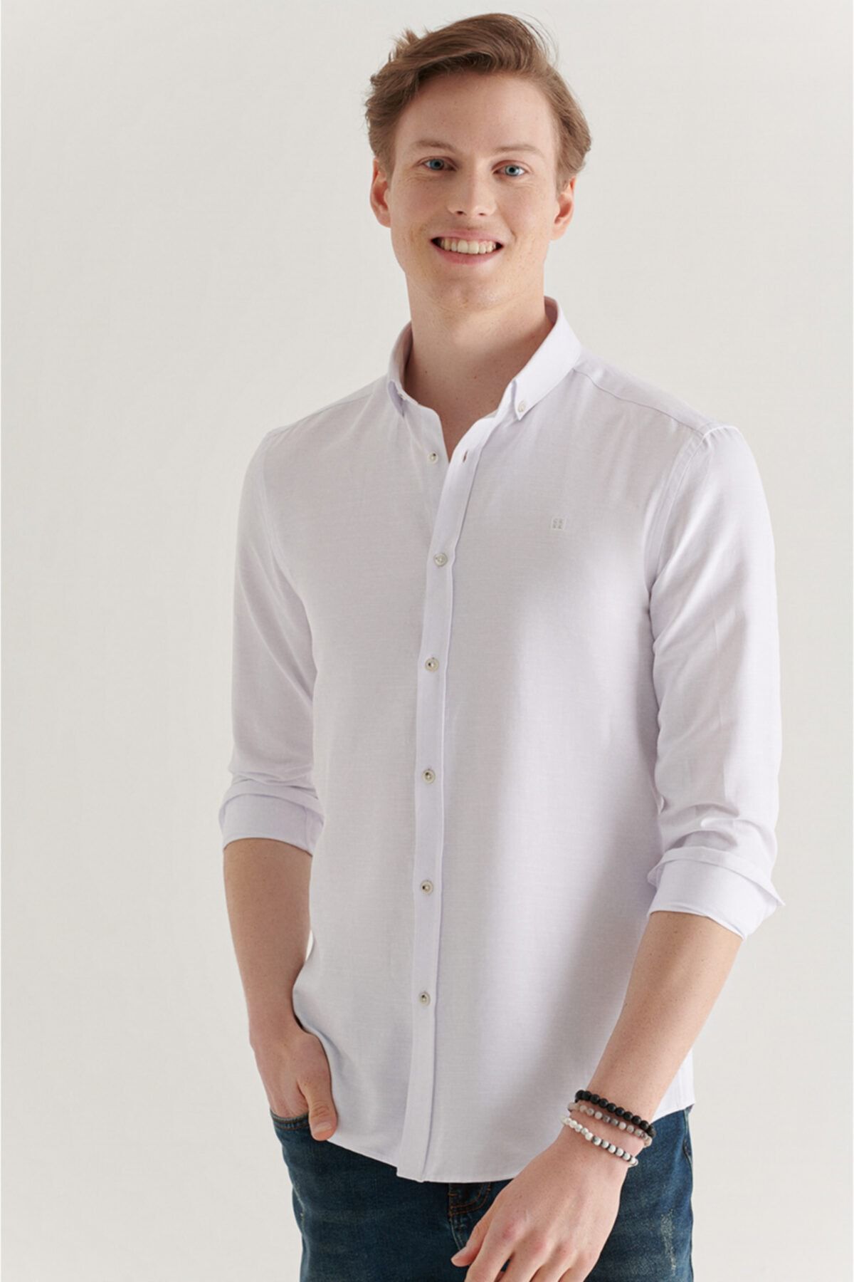 Avva Erkek Beyaz Düz Düğmeli Yaka Slim Fit Gömlek A11y2125