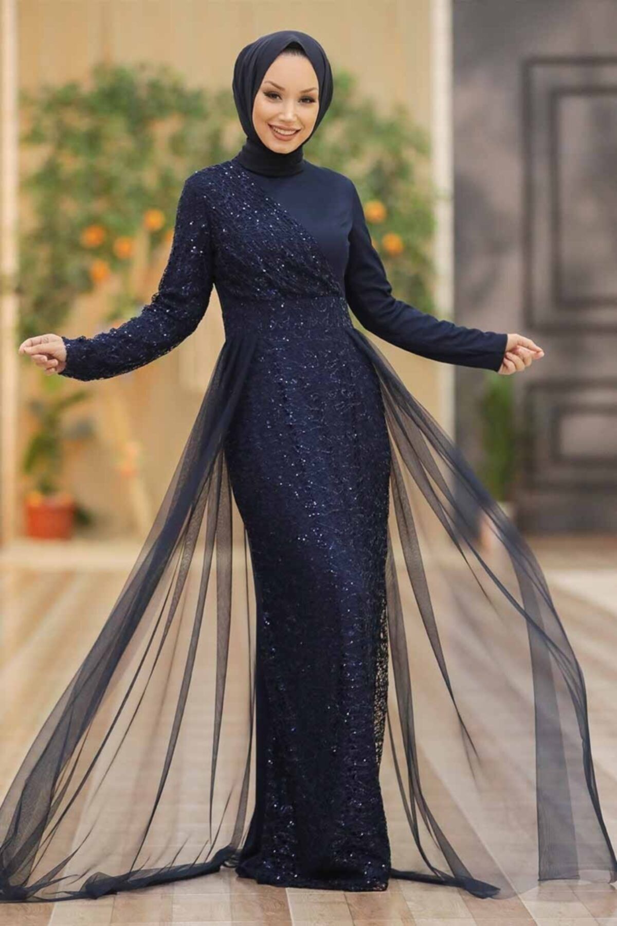 Neva Style Tesettürlü Abiye Elbise - Pul Payetli Lacivert Tesettür Abiye Elbise 5345l