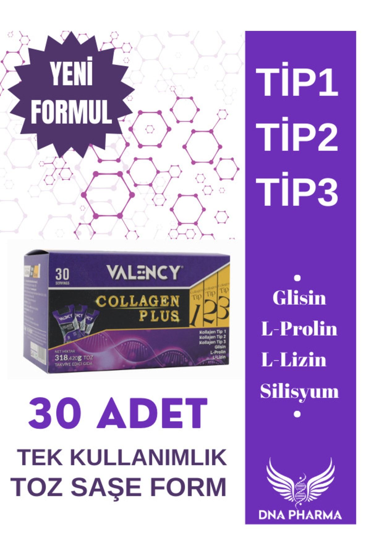 Valency Collagen Plus Saşe Tip 1 Tip 2 Tip 3 (glisin L-prolin L-lizin-c Vitamini ) - 30 Lu