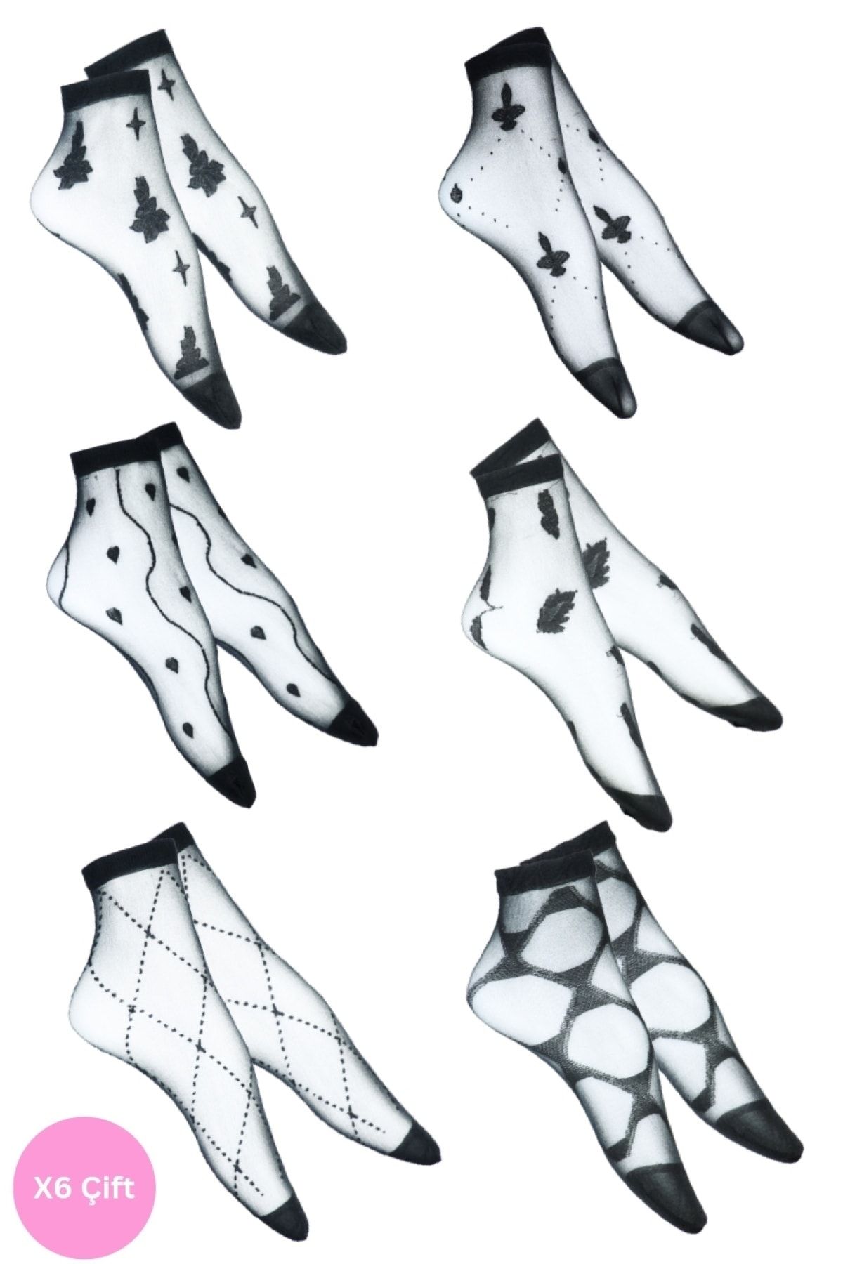 SOCKS 4U Kadın Desenli Siyah Tül Çorap 6'lı Paket