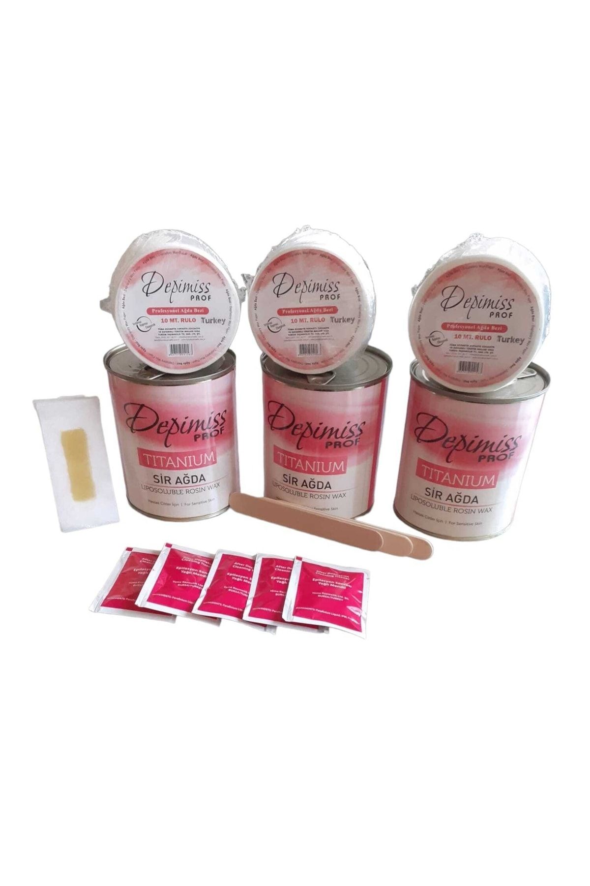 DEPİMİSS Pudralı Pembe Konserve Sir Ağda 3 Adet 800 Ml. 3adet Ağda Bezi Spatula Hediyeli