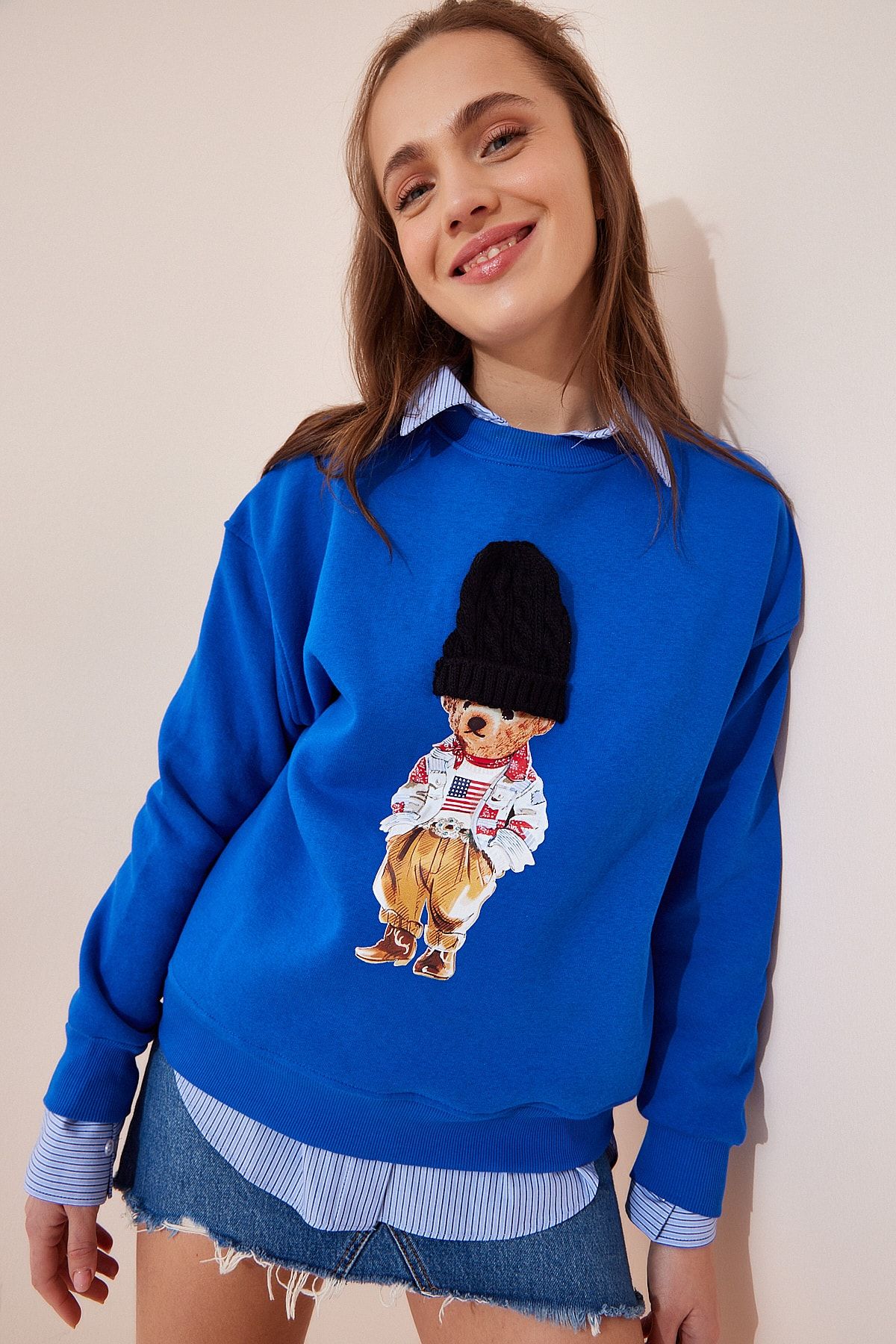 Happiness İstanbul Kadın Koyu Mavi Bere Detaylı Şardonlu Sweatshirt US00759