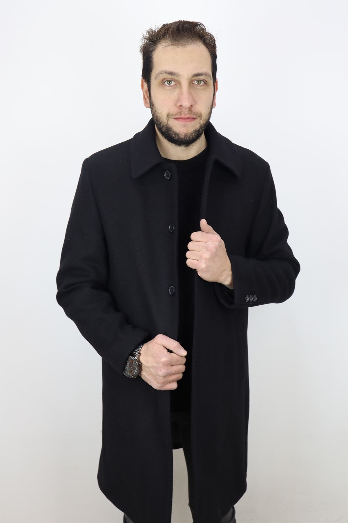 Pelikan Tekstil Fistan Store Erkek Siyah Klasik Kesim Rahat Kalıp Düğme Kapamalı Uzun Kışlık Kaşmir Kaban