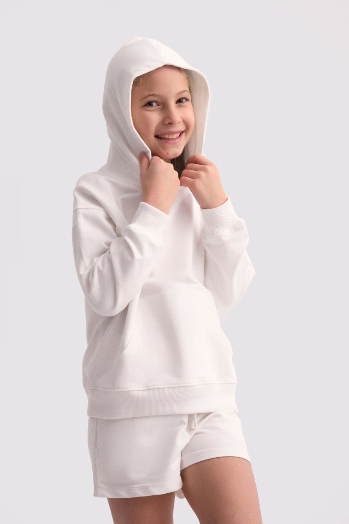 THERECOLOR Ekru Organik Kız Çocuk Kapüşonlu Sweatshirt Uzun Kollu