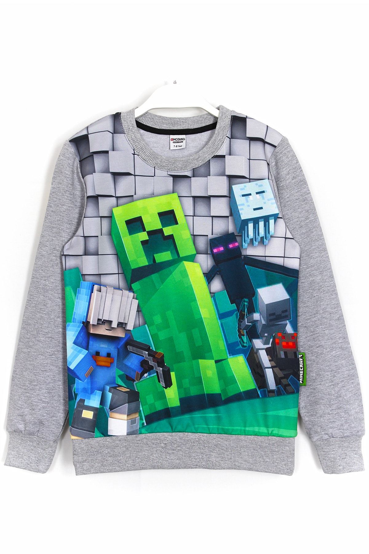DobaKids 3d Minecraft Creeper Baskılı Erkek Çocuk Sweatshirt Gri