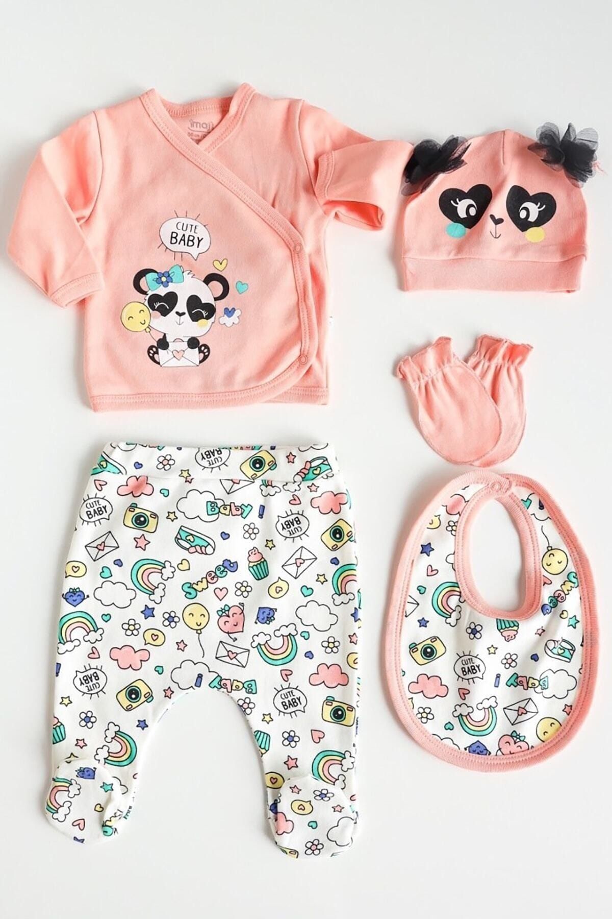 İmaj Panda Işlemeli 5 Parça Kız Bebek Hastane Çıkışı Takım, Zıbın Set, Bebek Takım