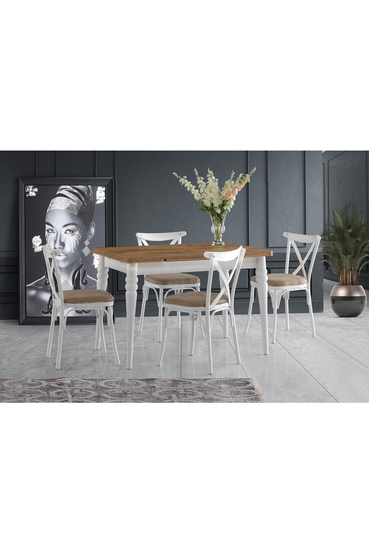 burenze Exclusive Açılabilen 170x80 Cm Çam Desenli Mutfak Masa Takımı Kaşıklıklı Beyaz Ahşap 4'lü Sandalye