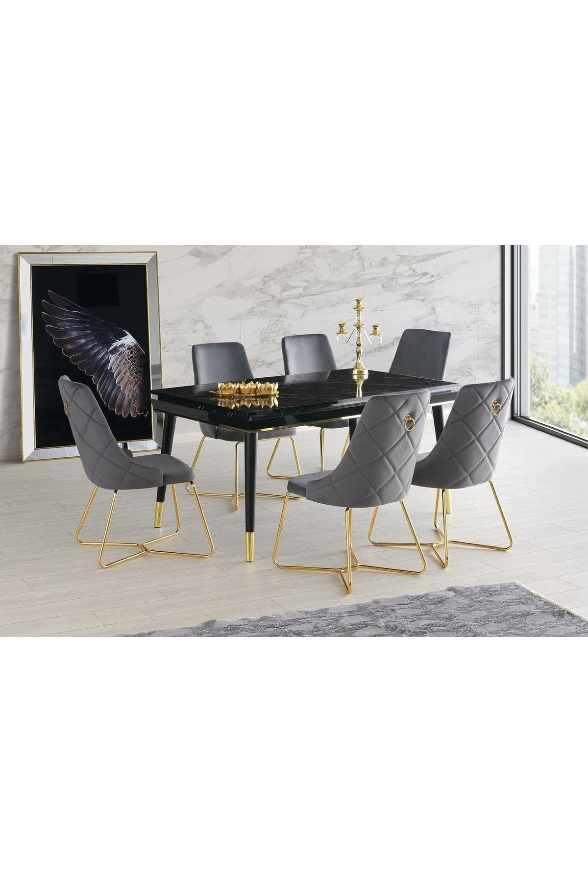 burenze Modern Luxury Exclusive Açılır Masa Takımı Siyah Mermer Desenli Gold Sarı Ayak 6'lı Sandalye