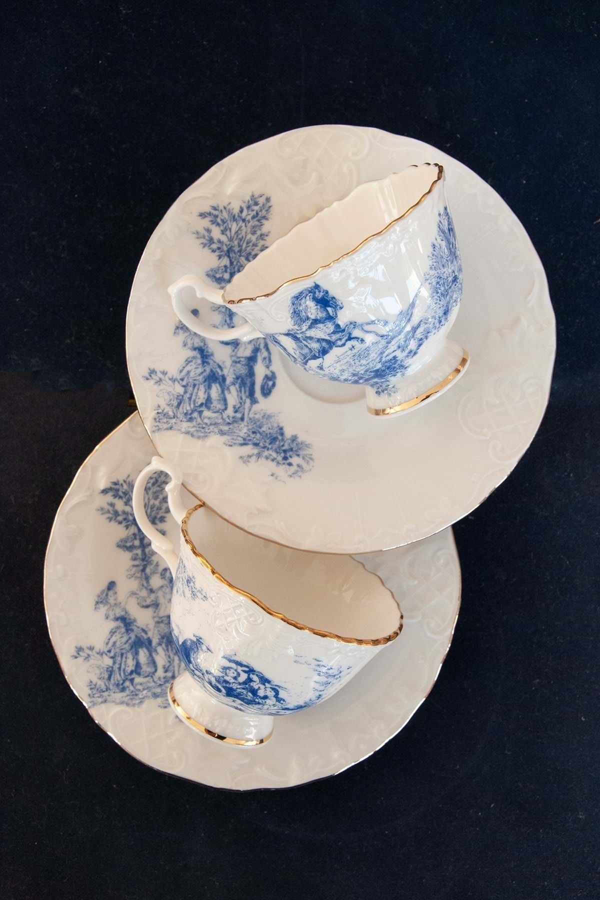 Bursa Porselen Dekor Altın Yaldızlı Ingiliz Desen Bone 2 Kişilik Kahve Fincan Takımı-mavi