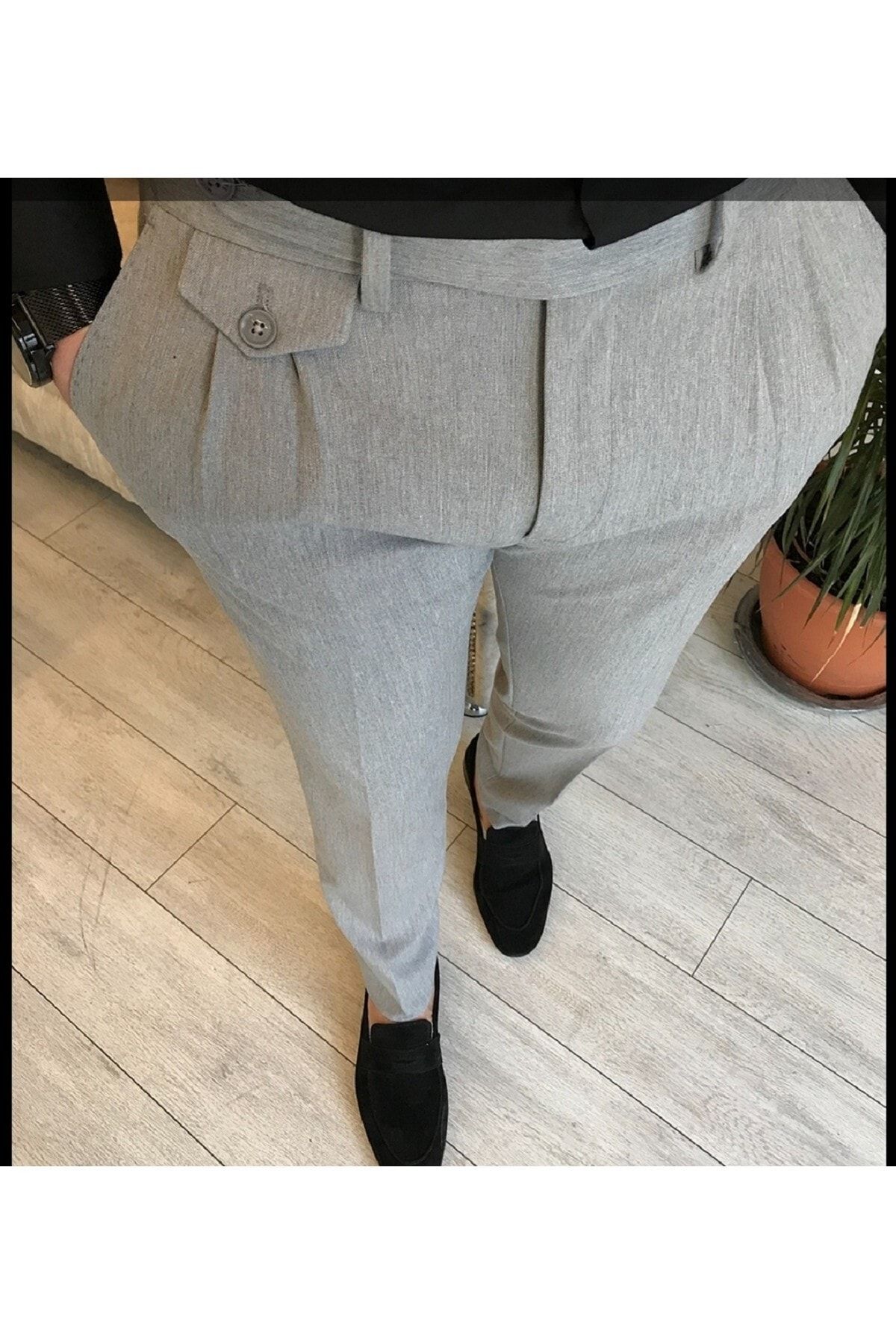 Dark Lavish Erkek Gri Pileli Italyan Kesim Slim Fit Kumaş Pantolon