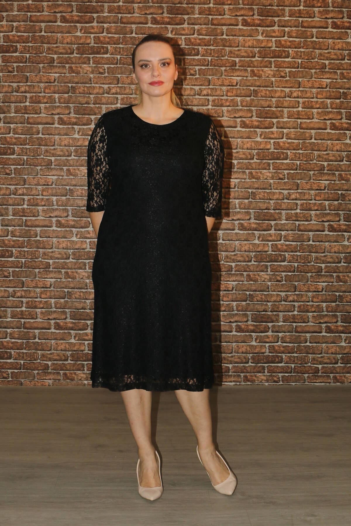 Nidya Moda Büyük Beden Dantel Siyah Abiye Elbise-4009ds