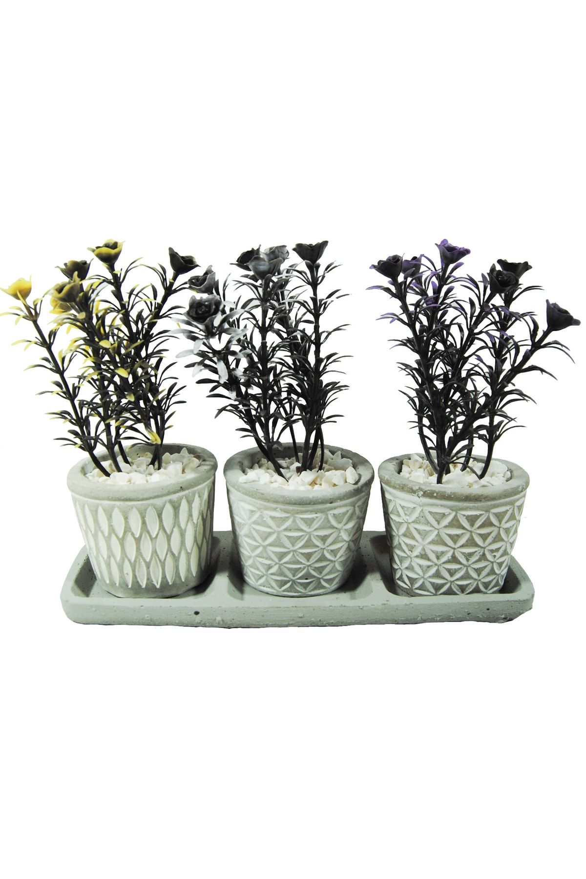Lilac Home Yapay Çiçek Çakıl Taşı Detaylı Pembe Beton Saksı Içerisinde Mini Gül 3'lü Set
