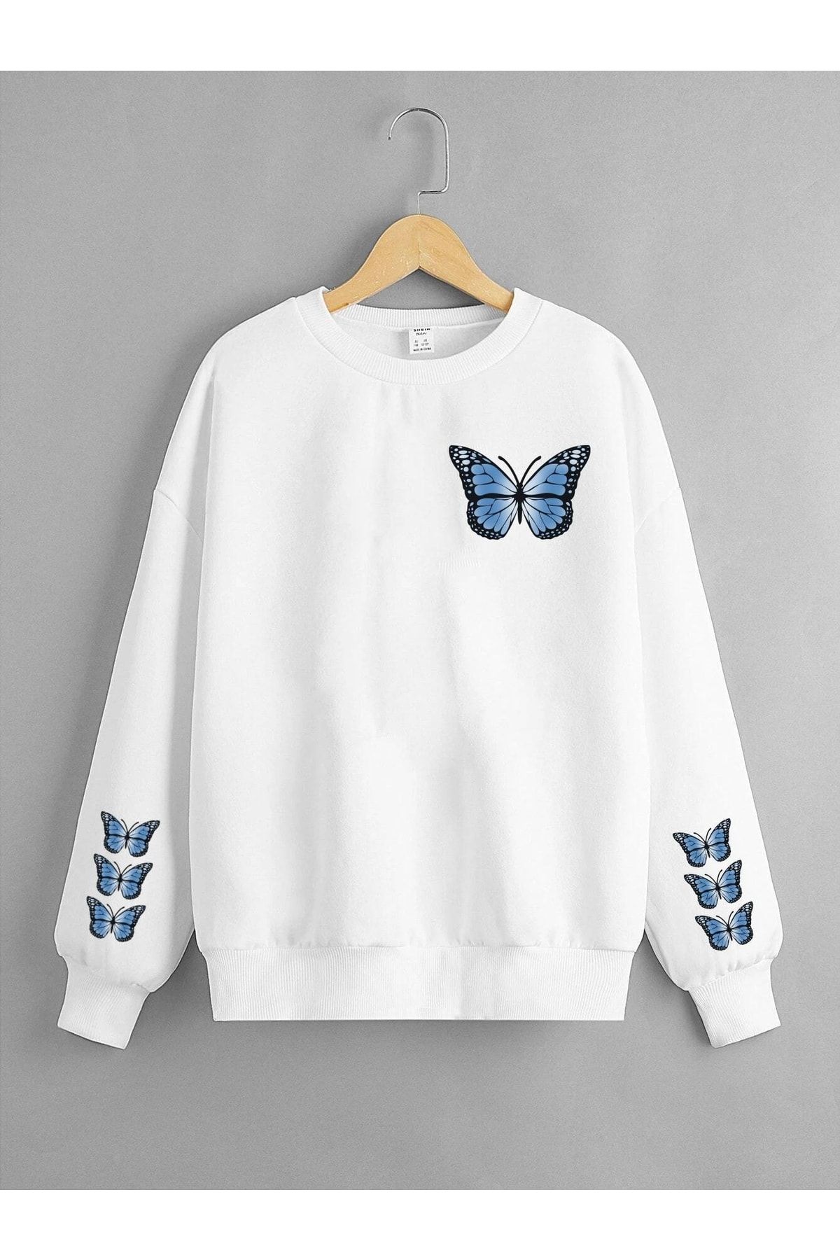 LePold Beyaz Mavi Kelebek Butterfly Baskılı Kız Sweatshirt
