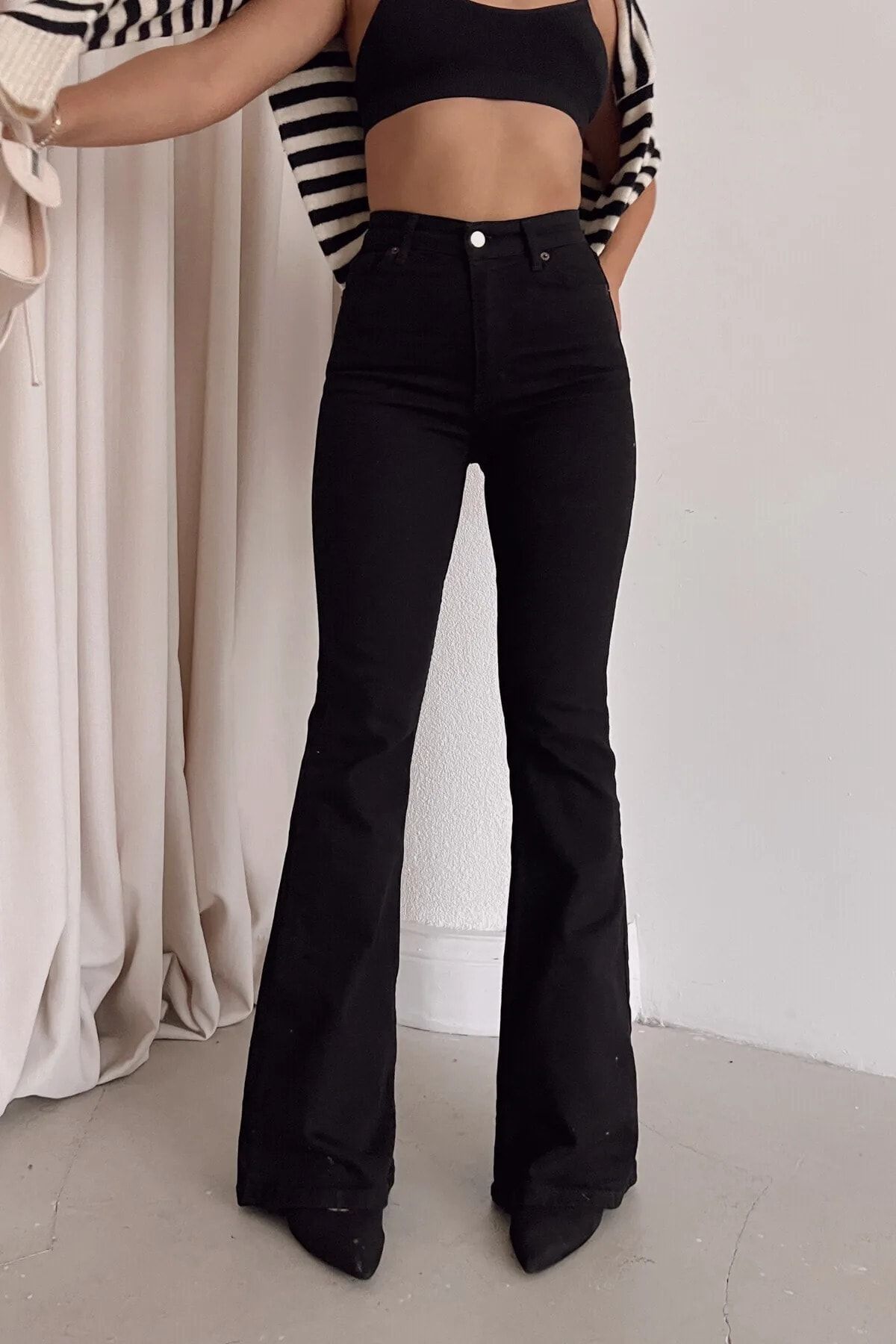 MAKRAS EXCLUSIVE Penelope Yüksek Bel Ispanyol Paça Siyah Flare Jeans Kot Pantolon