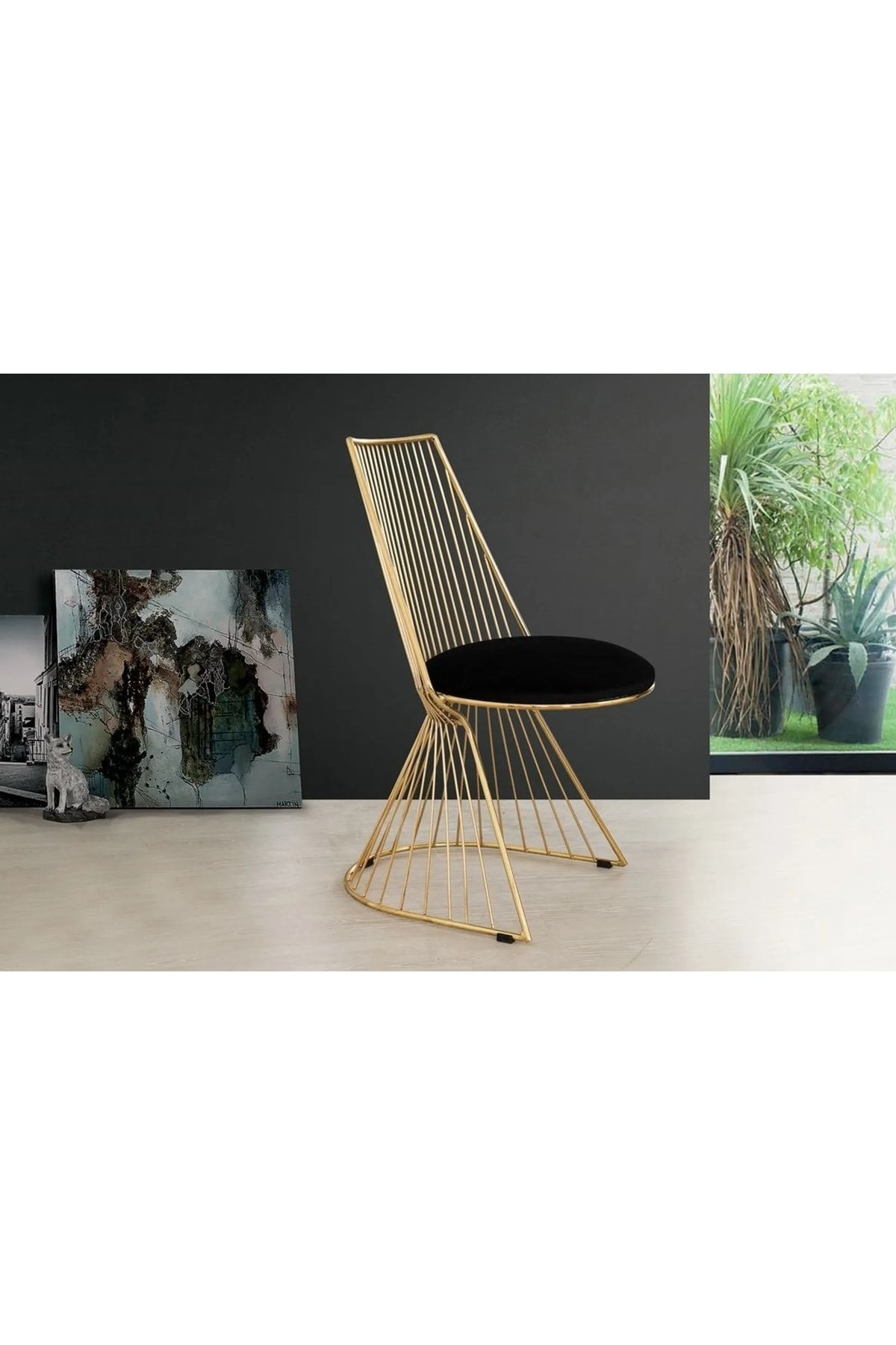 burenze Modern Luxury Exclusive Metal Gold Sarı Ladre Sandalye Şık Tasarım Siyah Kadife Kumaş