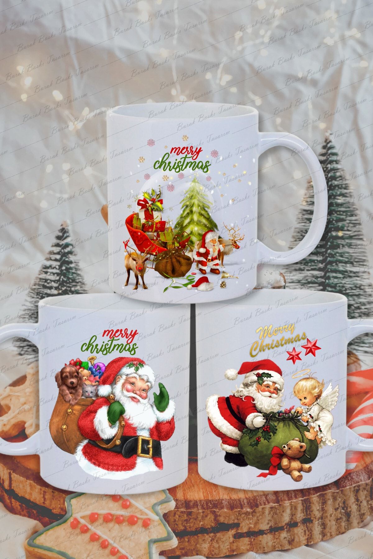 Burak Baskı Tasarım Yılbaşı Noel Temalı 3'lü Noel Baba,geyikleri Ve Melek Baskılı Yeni Yıl Hediye Kupa Bardak-çay-kahve