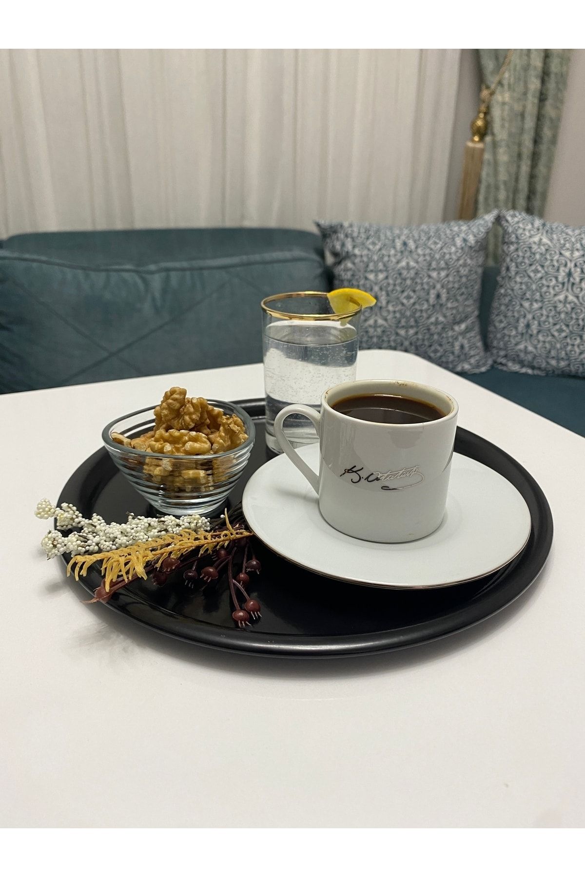 ESY LİNE 6'lı Metal Yuvarlak Çay, Kahve, Pasta Servis Tepsisi Dekoratif Sunum Tepsisi