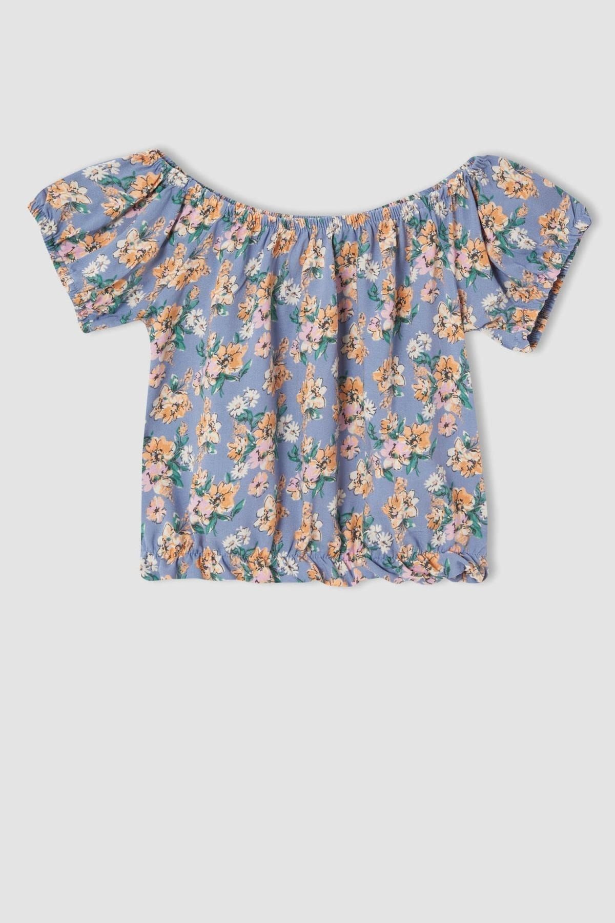 Defacto Kız Çocuk Çiçekli Kısa Kollu Crop  Bluz