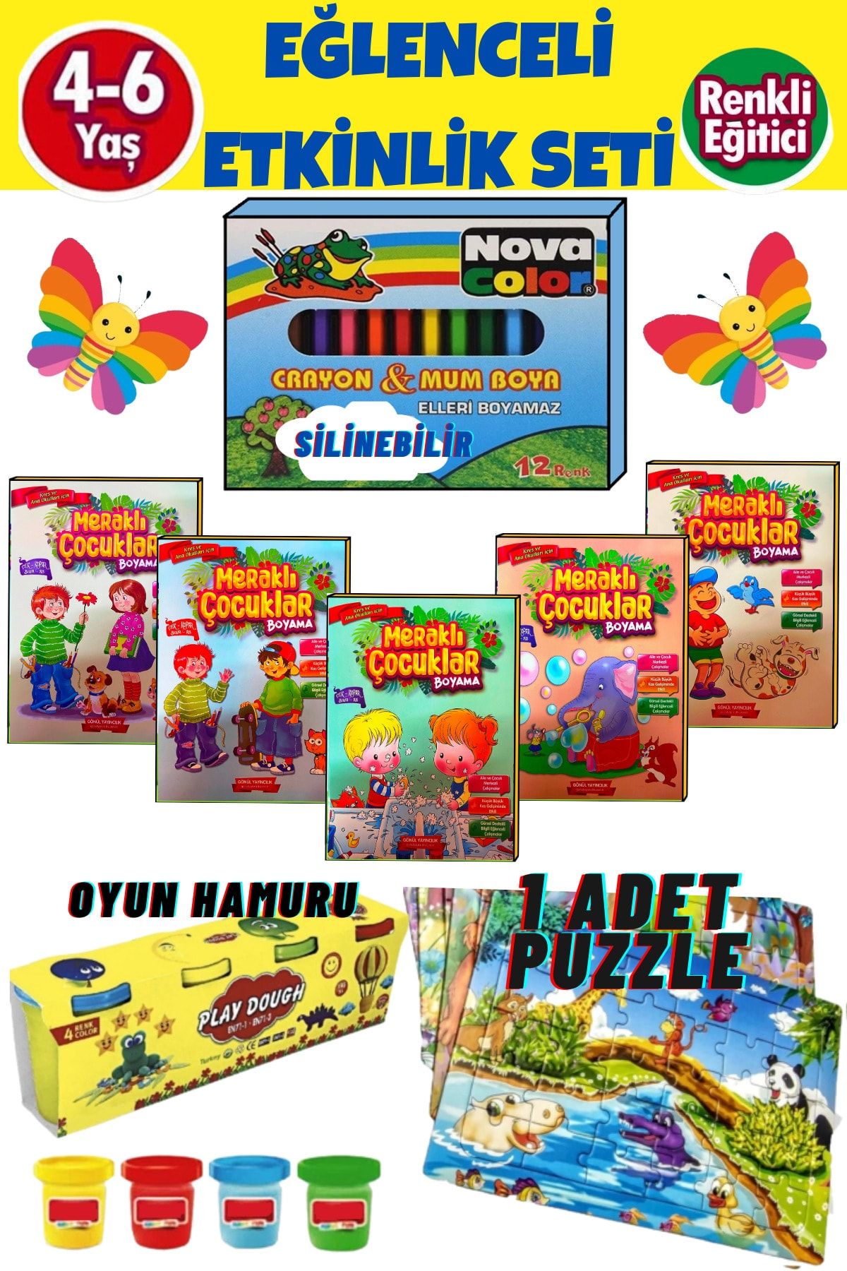 GÖNÜL YAYINCILIK 4-6 Yaş Çocuklar Için Eğlenceli Etkinlik Seti(mum Boya+5 Adet Boyama Kitabı.+puzzle+oyun Hamuru)