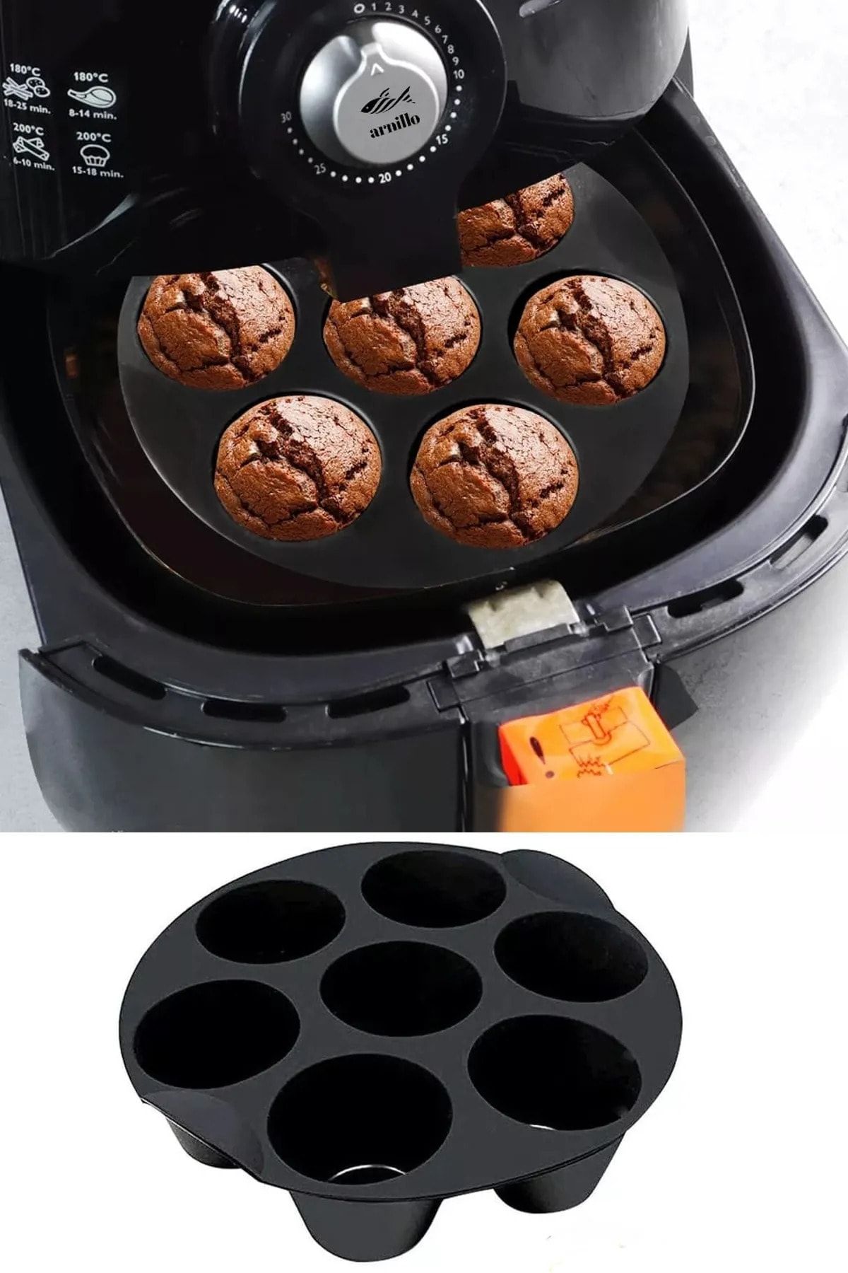 ARNİLLO Arispa Airfryer Silikon Muffin Kek Kalıbı 7 Gözlü Hava Fritözü Kek Ve Çörek Pişirme Kalıbı Siyah