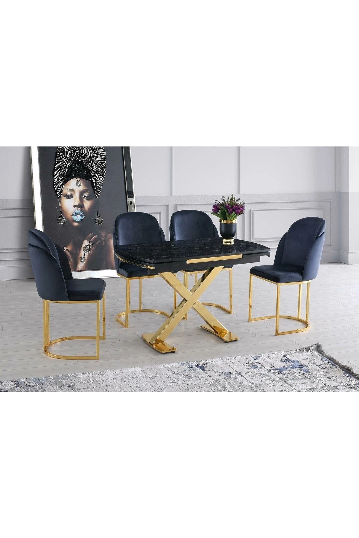 burenze Modern Luxury Exclusive Açılır Masa Takımı Highgloss Gold Sarı 4'lü Sandalye Antrasit