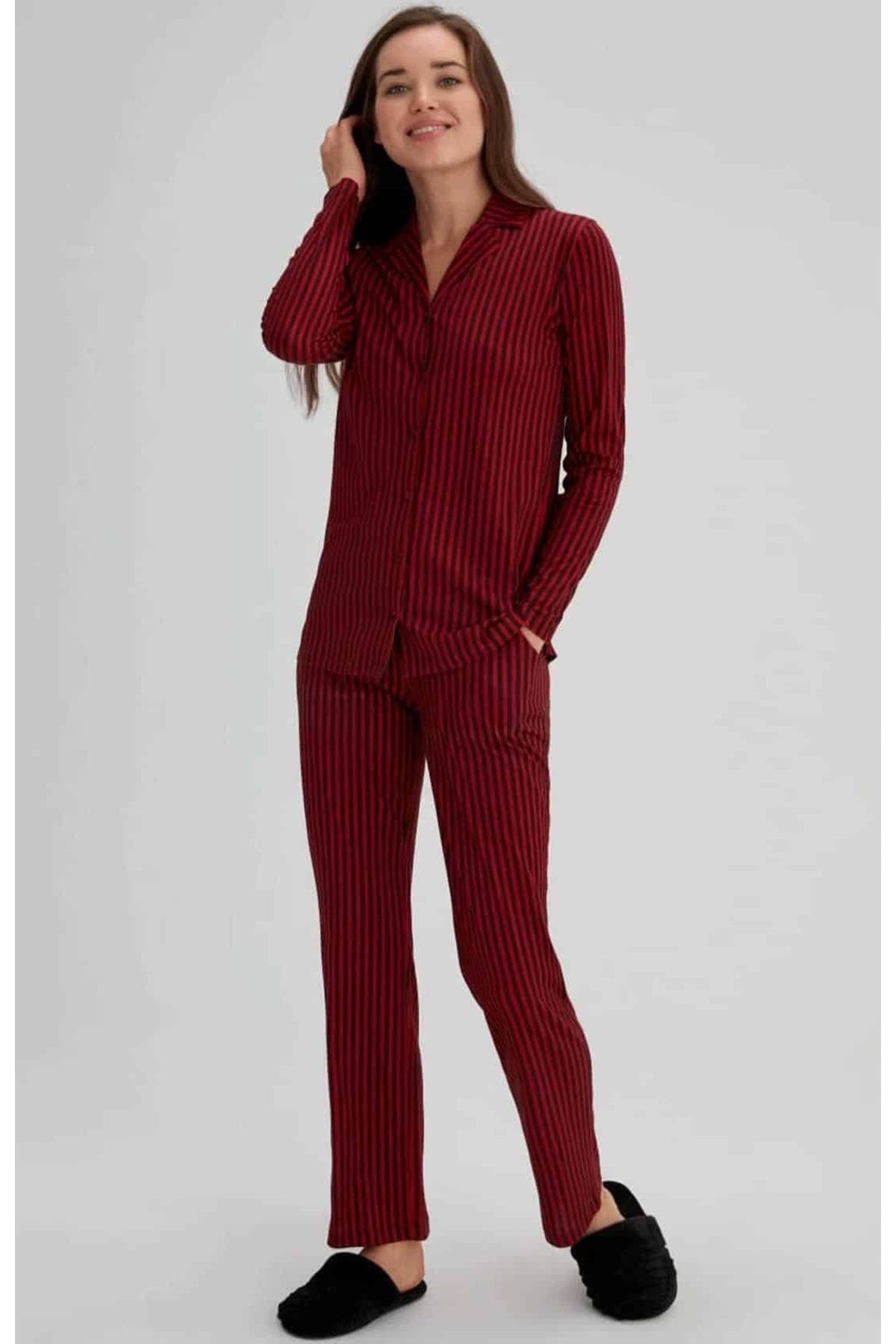 Eros Bordo Çizgili Önden Düğmeli Penye Pijama Takım