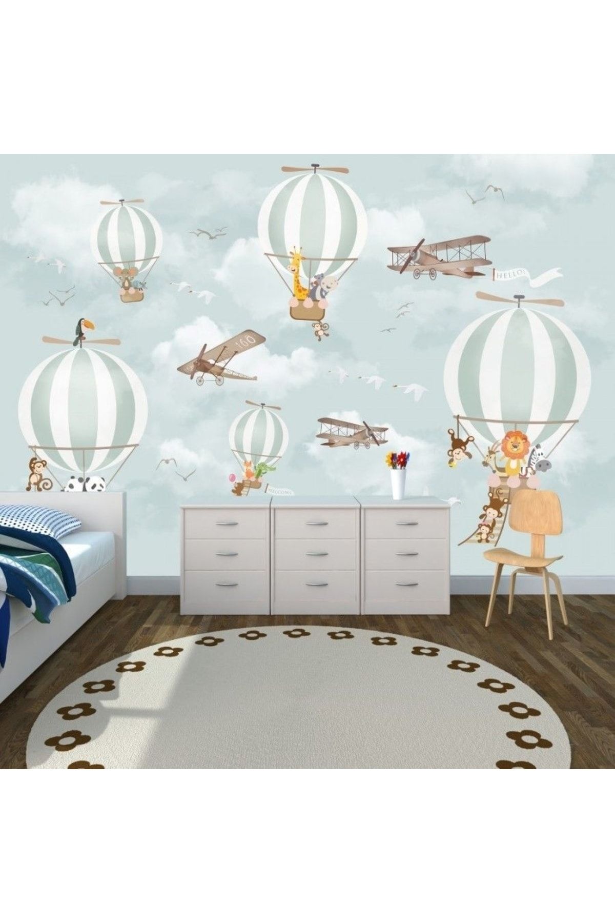 PolatDuvarKağıdı Bebek Odası Balon, Uçak Ve Hayvanlı Duvar Kağıdı