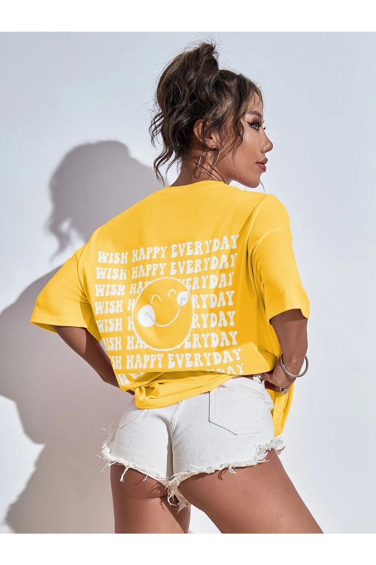 Know Kadın Sarı Wish Happy Everyday Baskılı Oversize T-shirt