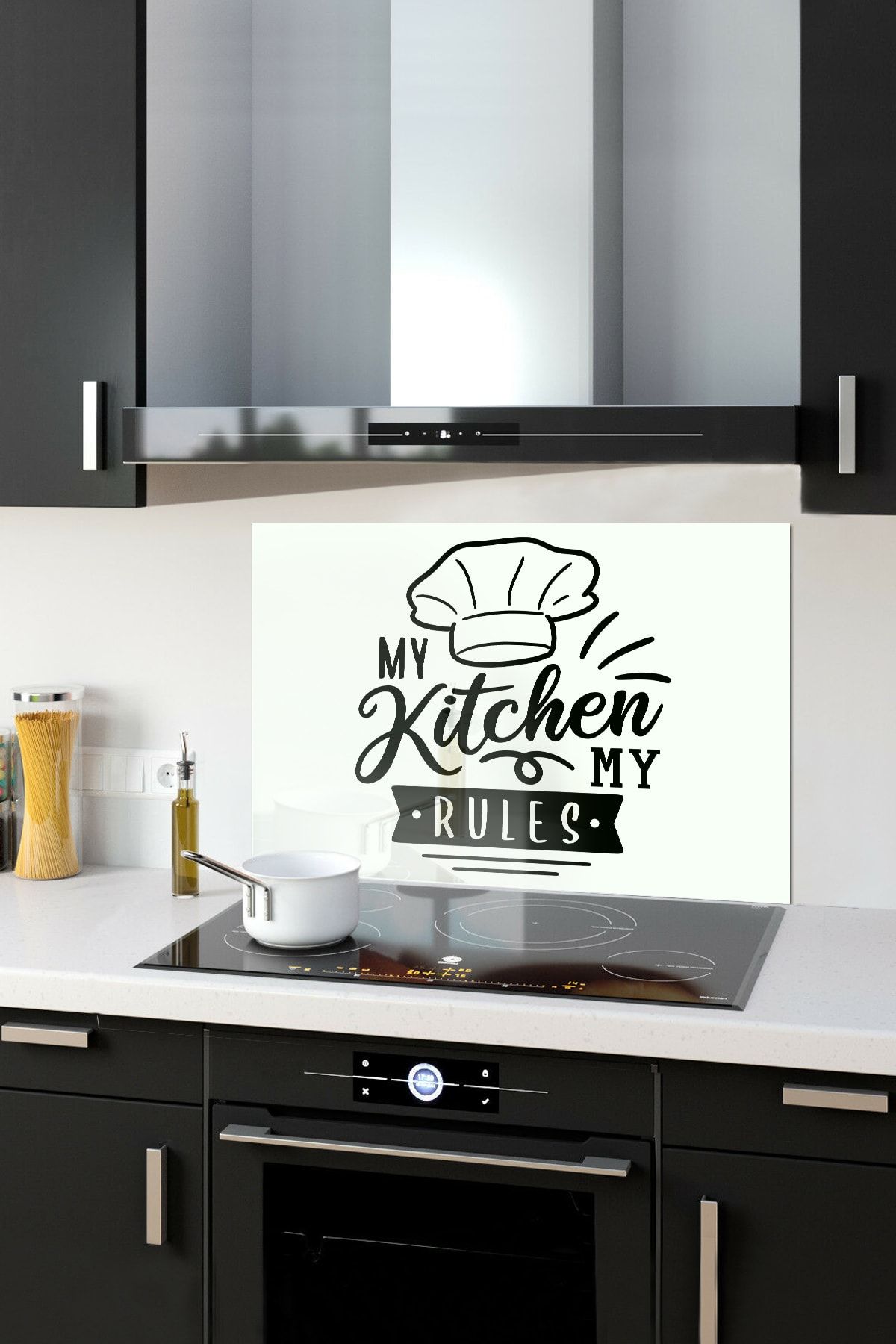 Decorita Cam Ocak Arkası Koruyucu | Beyaz Fon - My Kitchen My Rules | 49,5cm X 76cm