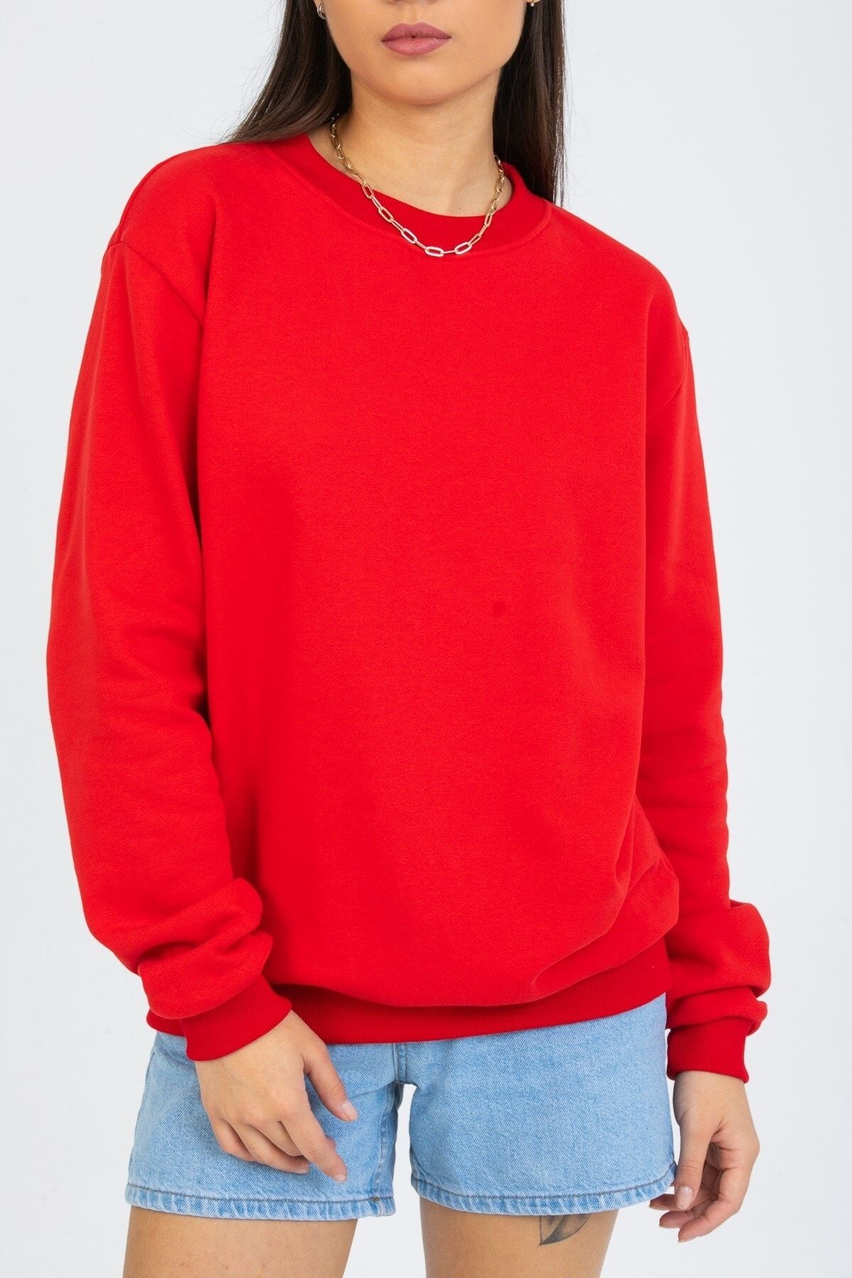 Deafox Canlı Kırmızı Basic Kadın Sweatshirt