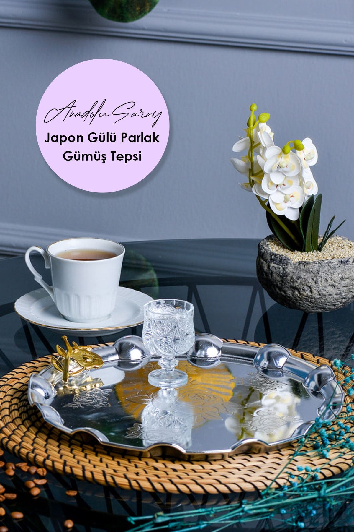 Anadolu Saray Çarşısı Lüx Dekoratif Parlak Gümüş Japon Gülü Sunum Tepsisi Kahve Servis Söz Nişan Sunum Tepsisi - 1 Adet