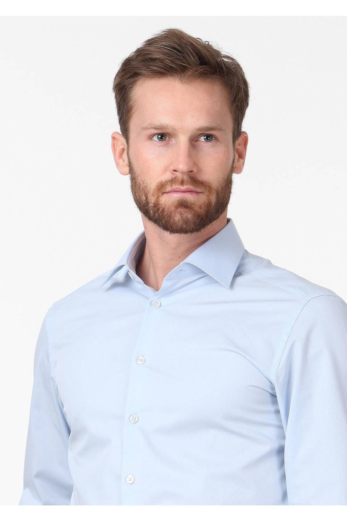 Ramsey Mavi Düz Slim Fit Dokuma Klasik Pamuk Karışımlı Gömlek