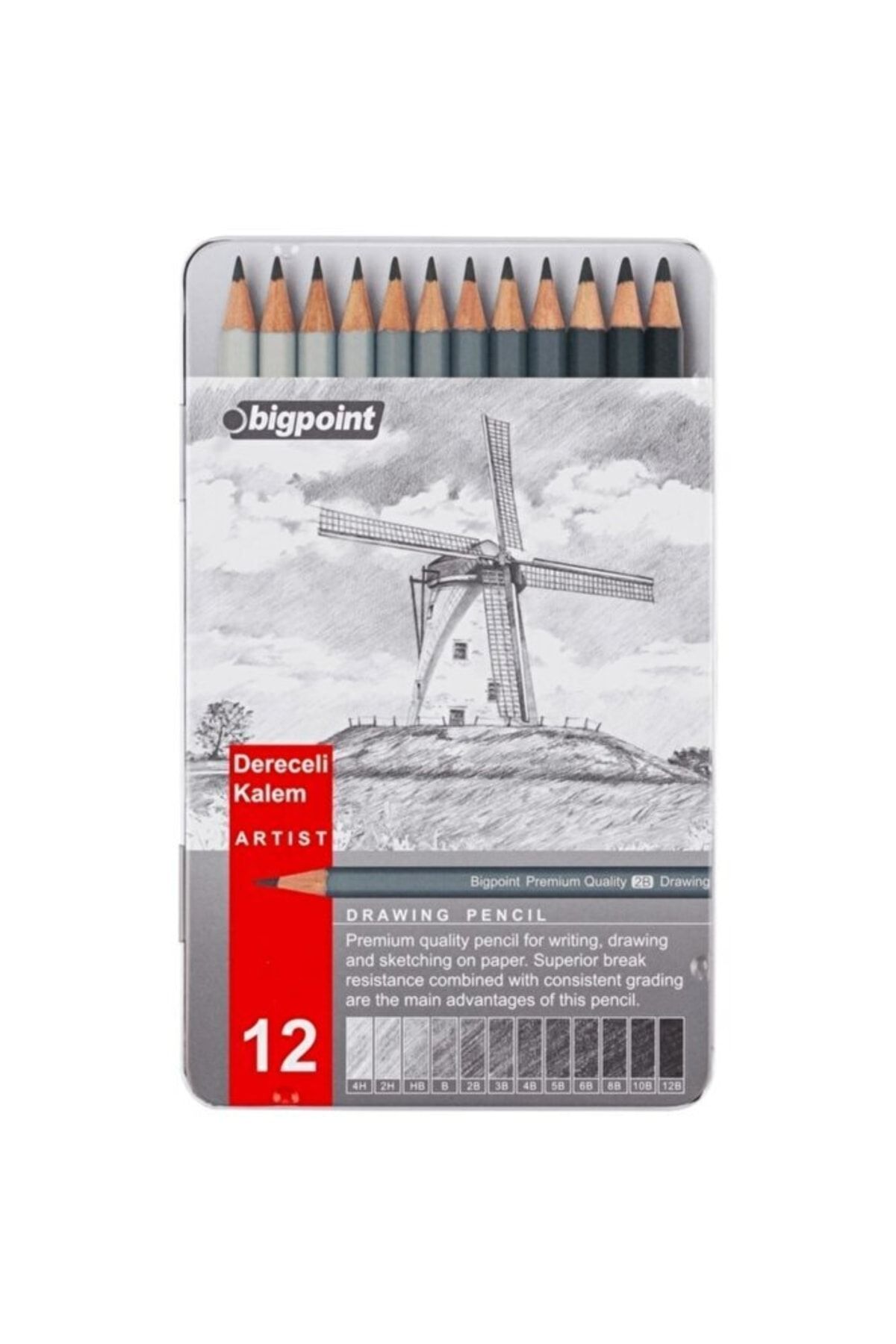 Bigpoint Metal Kutulu Dereceli-resim-yazım-teknik Çizim-karakalem Ve Eskiz Kalemi-drawing Pencil 12 Li Set