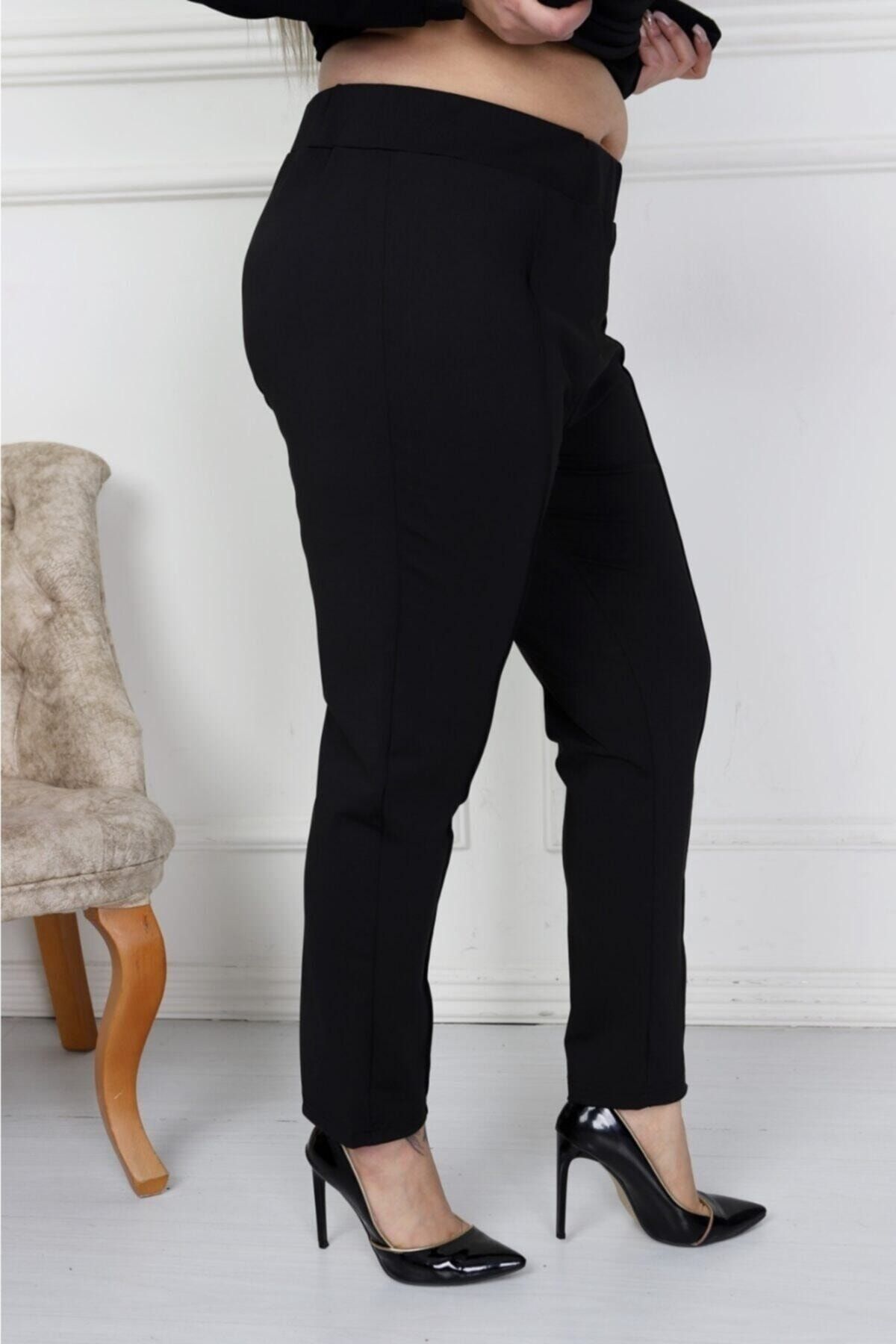 Big Love Kadın Siyah Büyük Beden Çimalı Dar Paça Toparlayıcı Dalgıç Kumaş Pantolon