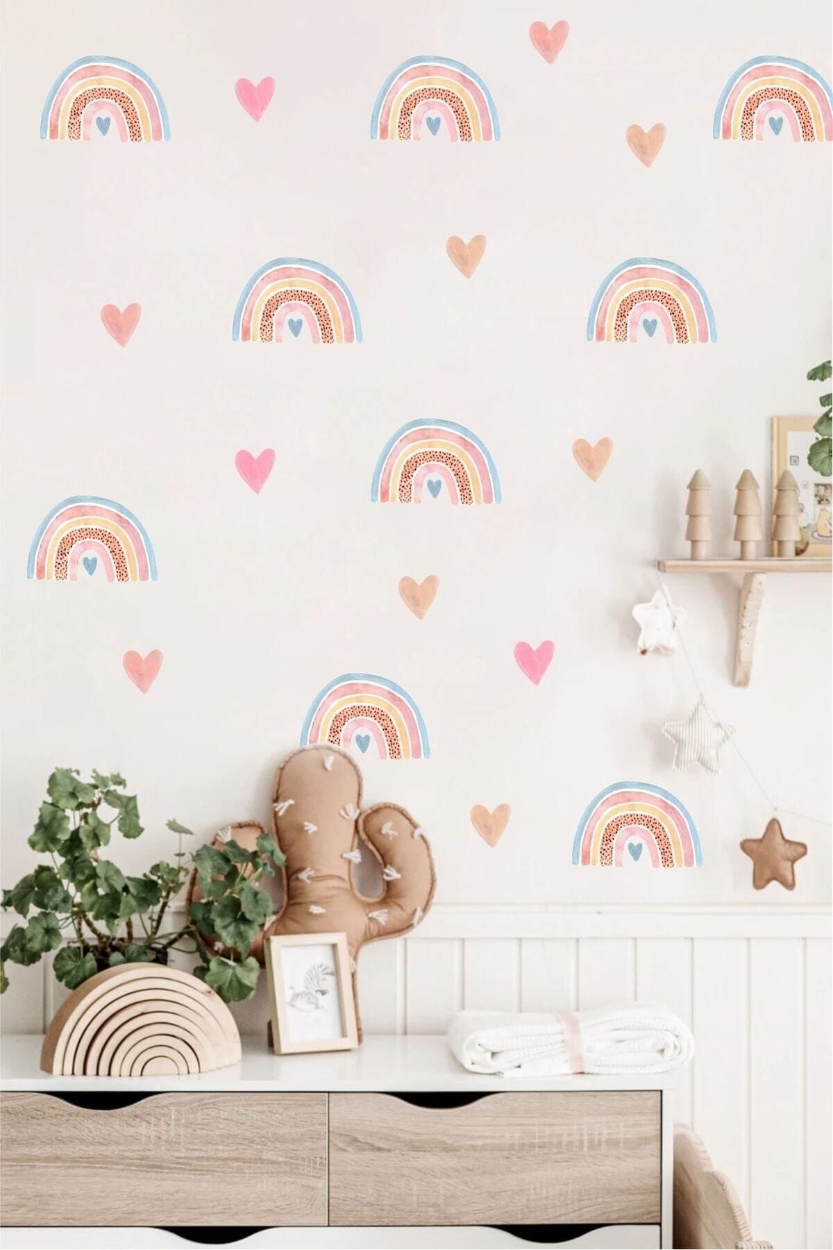 Piksel Grafik Mini Gökkuşağı Ve Kalpler Çocuk Odası Duvar Sticker