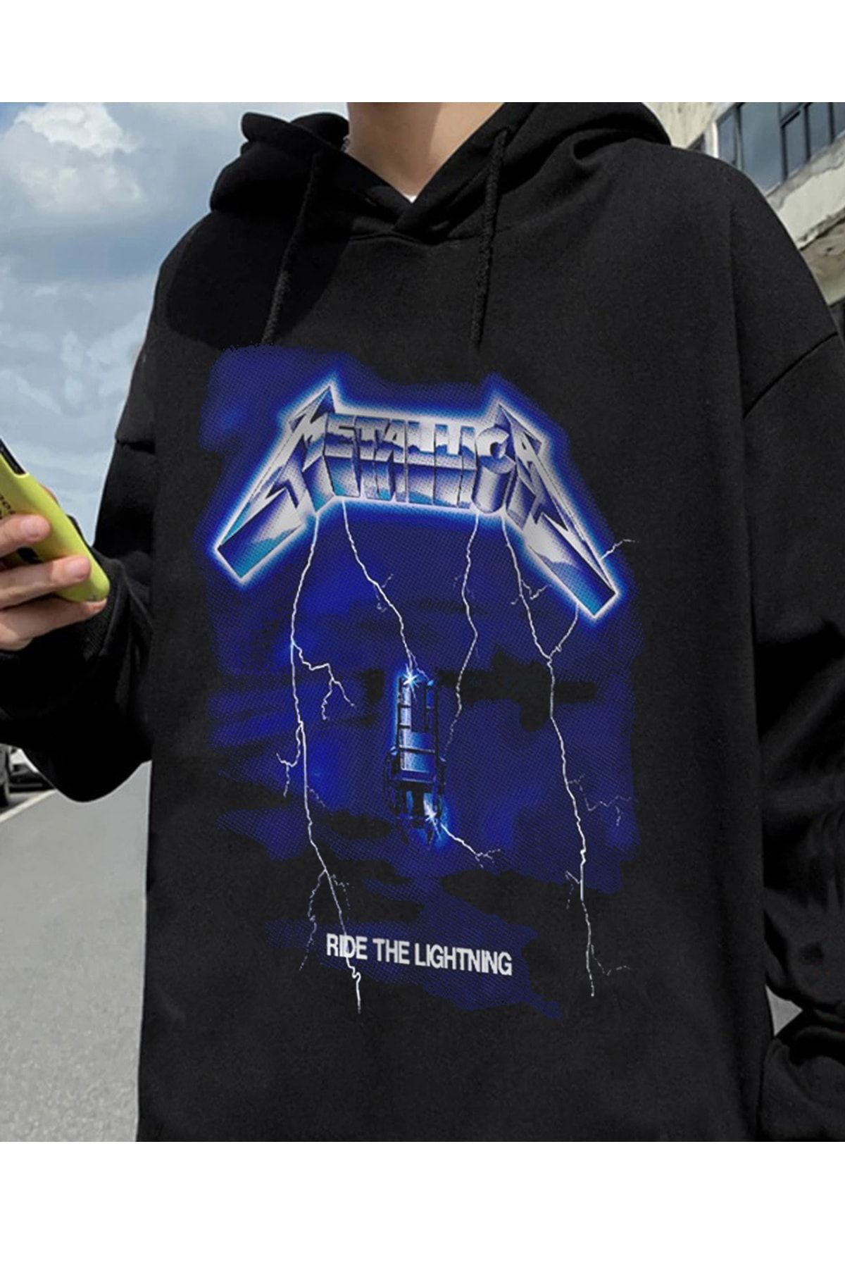 Freak Tshirt Siyah Renk Metallica Ride The Lightning Baskılı Geniş Kesim Kapüşonlu Unisex Hoodie
