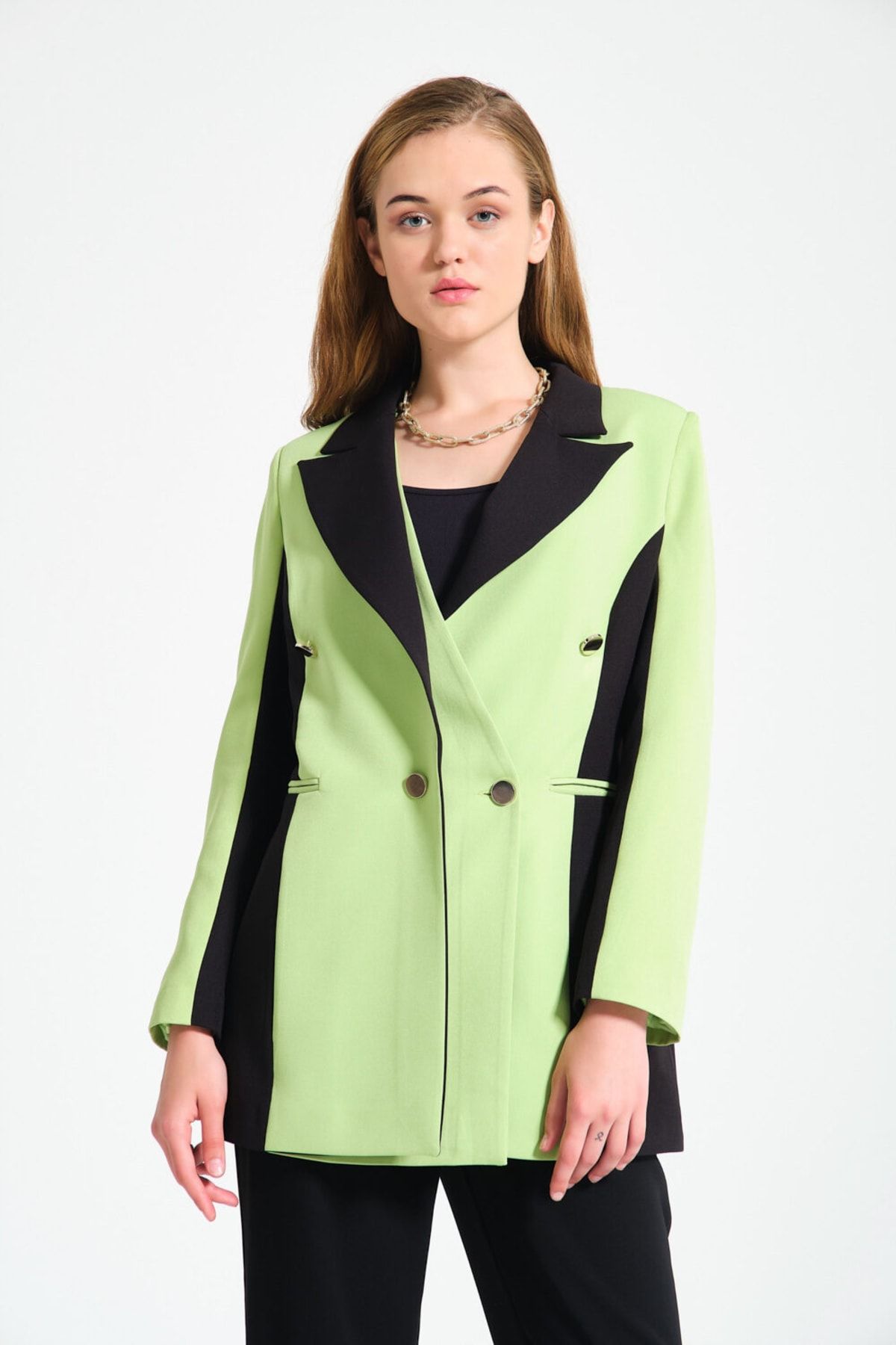Mizalle Renk Bloklu Fıstık Yeşili Blazer Ceket