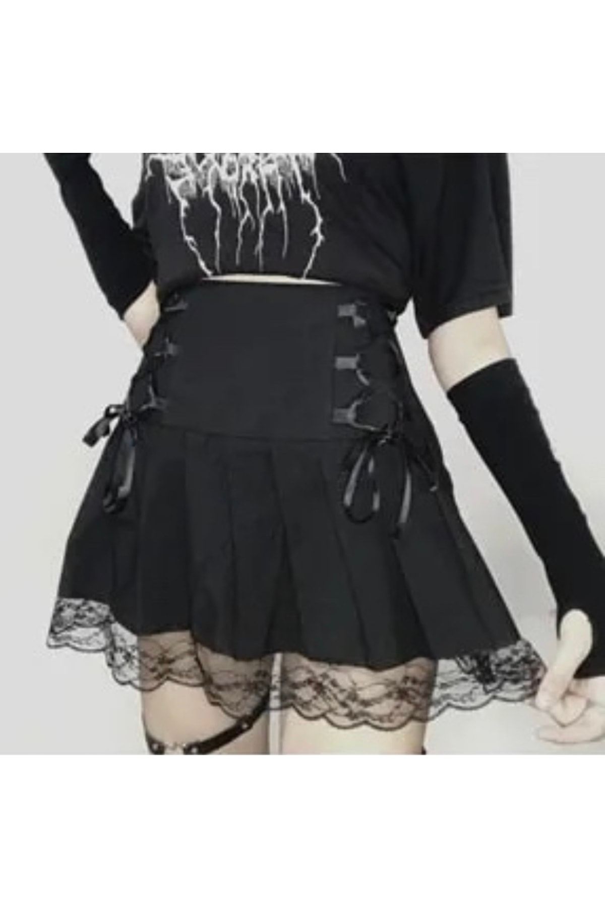 Köstebek Gothic Harajuku Fashion Danteli Pileli Siyah Etek