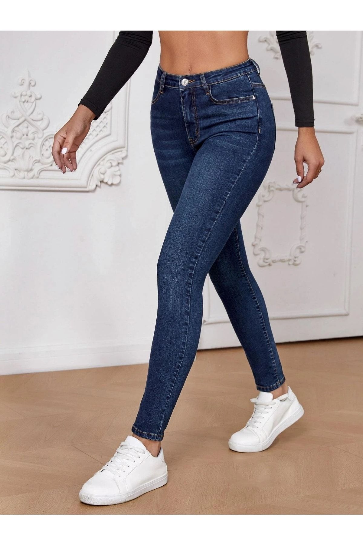 Mad&Calf Kadın Koyu Mavi Yüksek Bel Skinny Fit Jean Pantolon